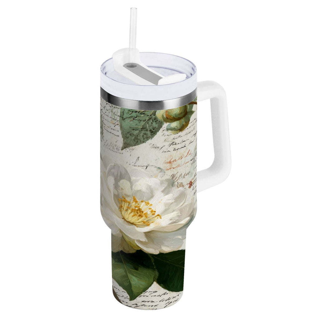 40 oz Insulated Stainless Steel Tumbler Double Wall Stainless Steel Tumbler with 2-Way Drinking Vintage White Camellias - Choice 737