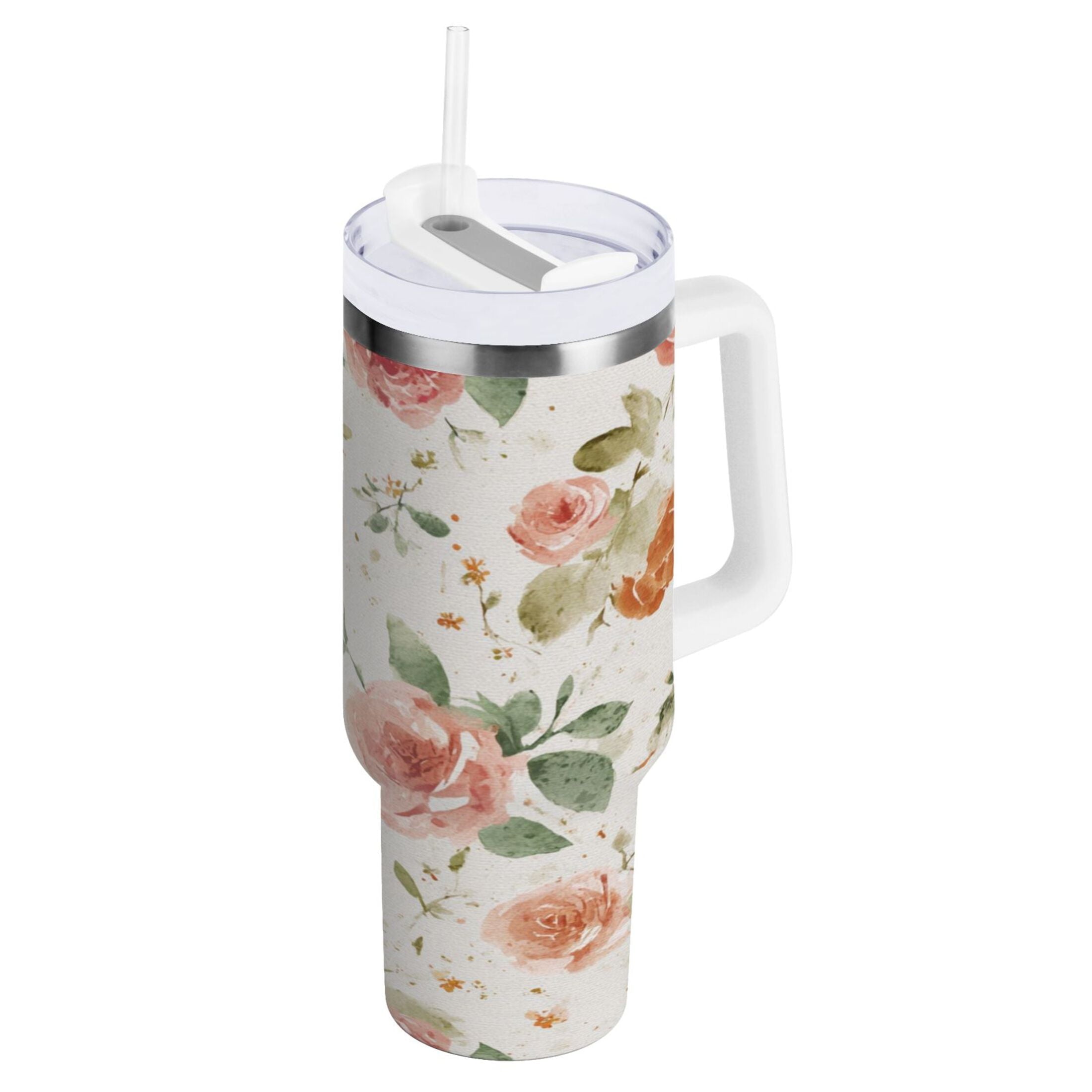 40 oz Insulated Stainless Steel Tumbler Double Wall Stainless Steel Tumbler with 2-Way Drinking Watercolor Rose Floral Pattern - Choice 233