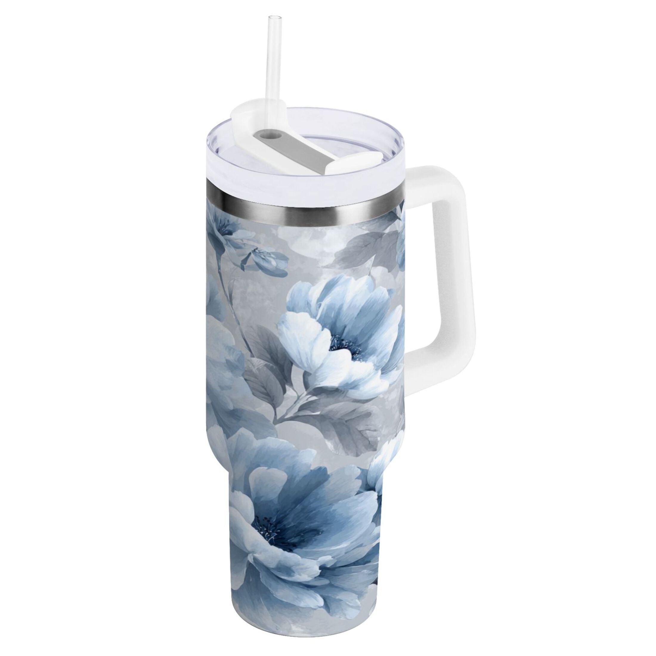 40 oz Insulated Stainless Steel Tumbler Double Wall Stainless Steel Tumbler with 2-Way Drinking White Floral Pattern - Choice 733