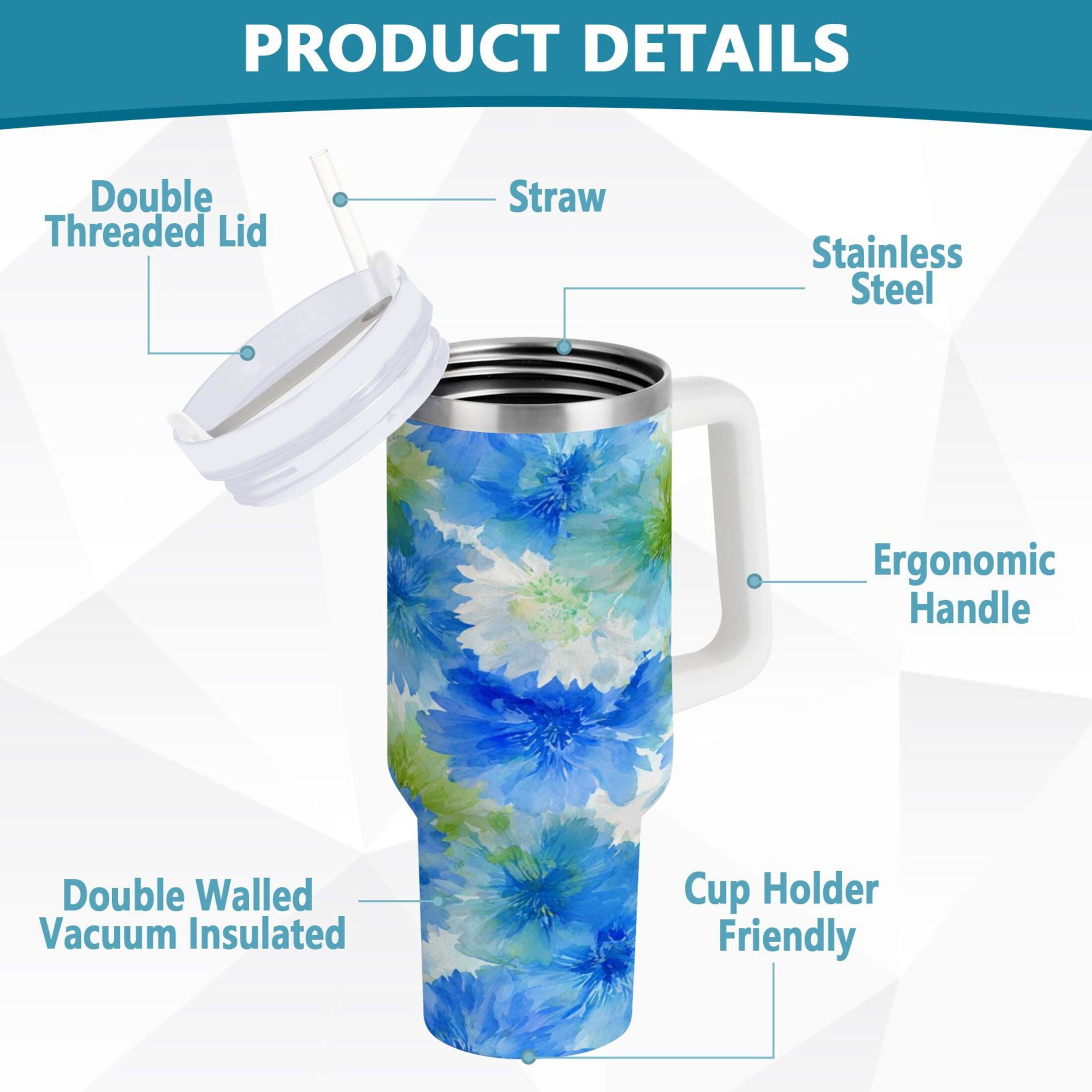 40 oz Insulated Stainless Steel Tumbler Double Wall Stainless Steel Tumbler with 2-Way Drinking Watercolor Blue Cornflowers - Choice 581