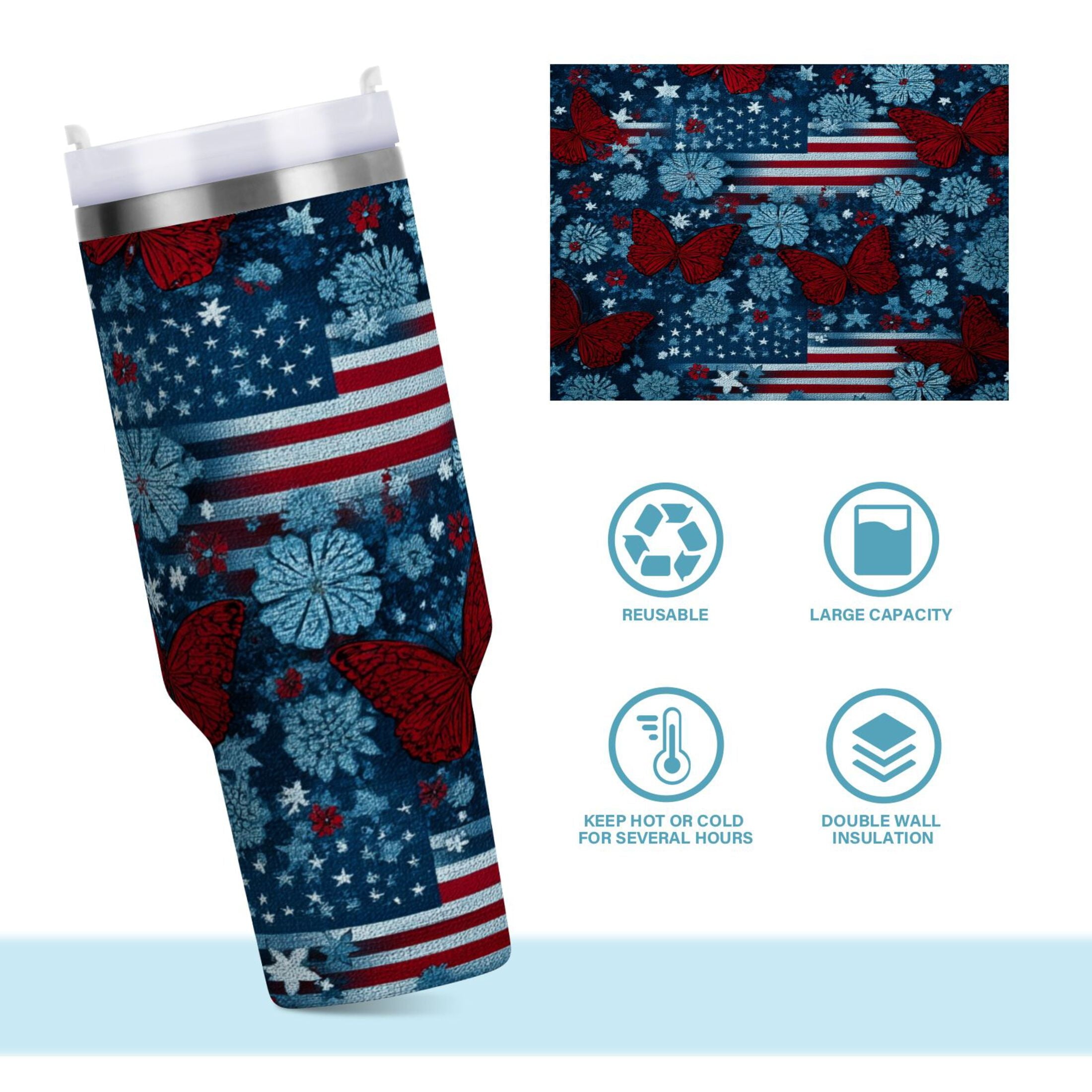 30 oz Insulated Stainless Steel Tumbler Double Wall Stainless Steel Tumbler with 2-Way Drinking Red Butterflies and Flags - Choice 680