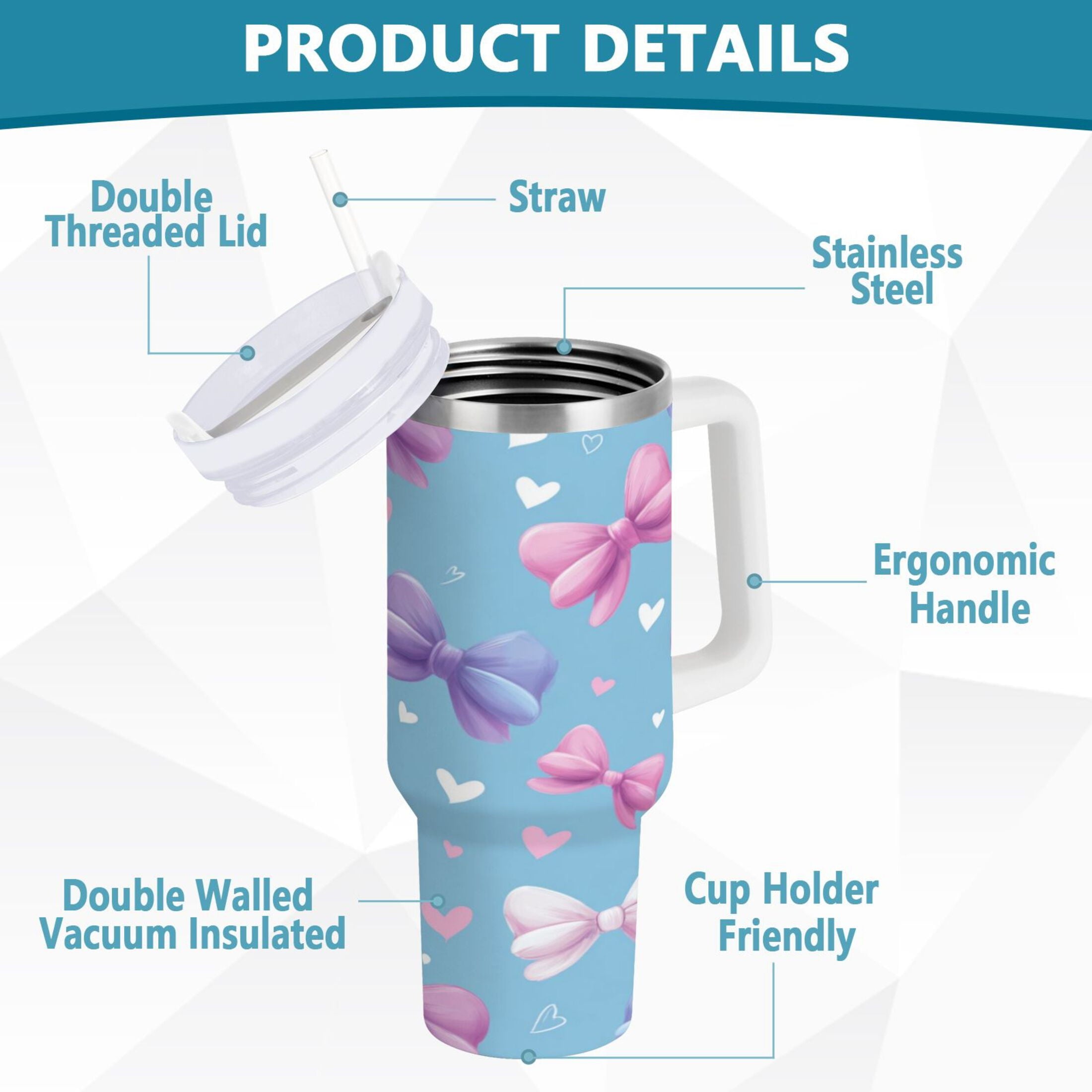 30 oz Insulated Stainless Steel Tumbler Double Wall Stainless Steel Tumbler with 2-Way Drinking Pink and Purple Bows - Choice 223