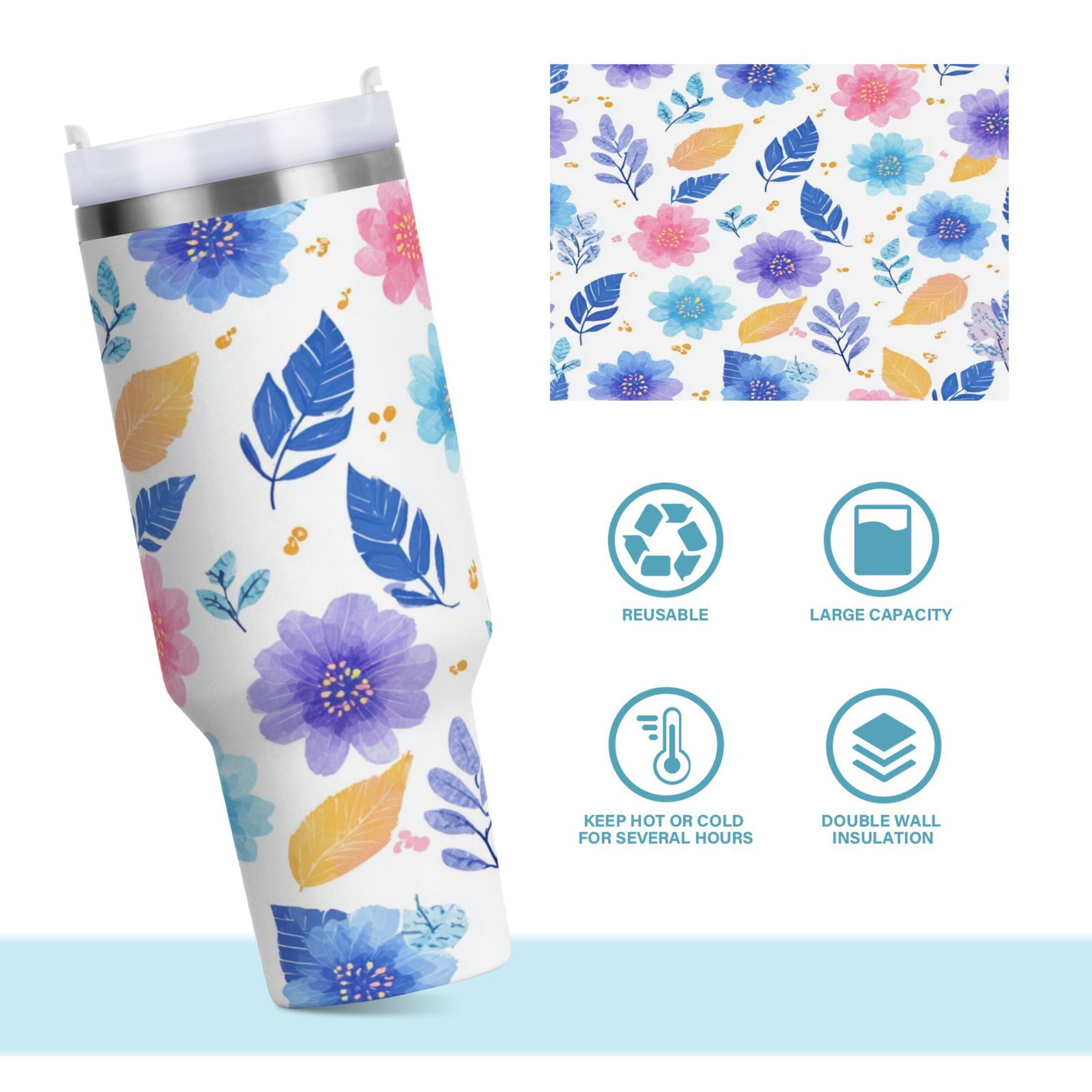 30 oz Insulated Stainless Steel Tumbler Double Wall Stainless Steel Tumbler with 2-Way Drinking Blue and Purple Flowers - Choice 738