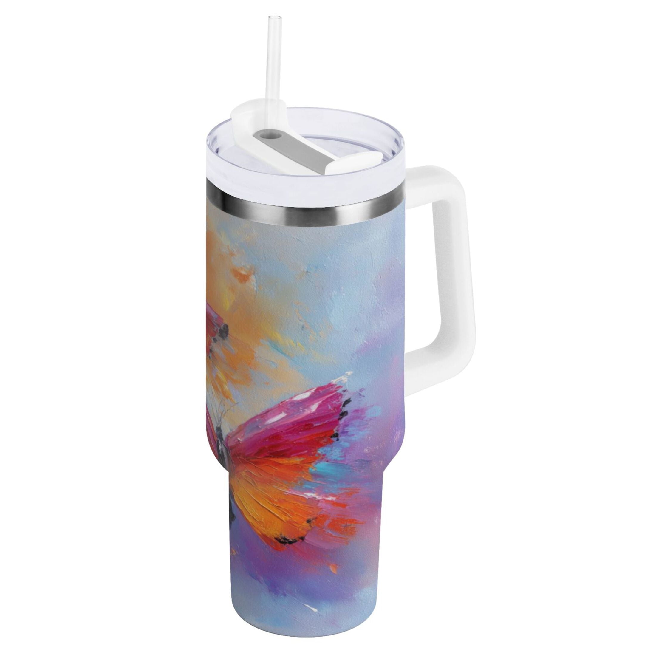 30 oz Insulated Stainless Steel Tumbler Double Wall Stainless Steel Tumbler with 2-Way Drinking Red and Orange Butterflies - Choice 563
