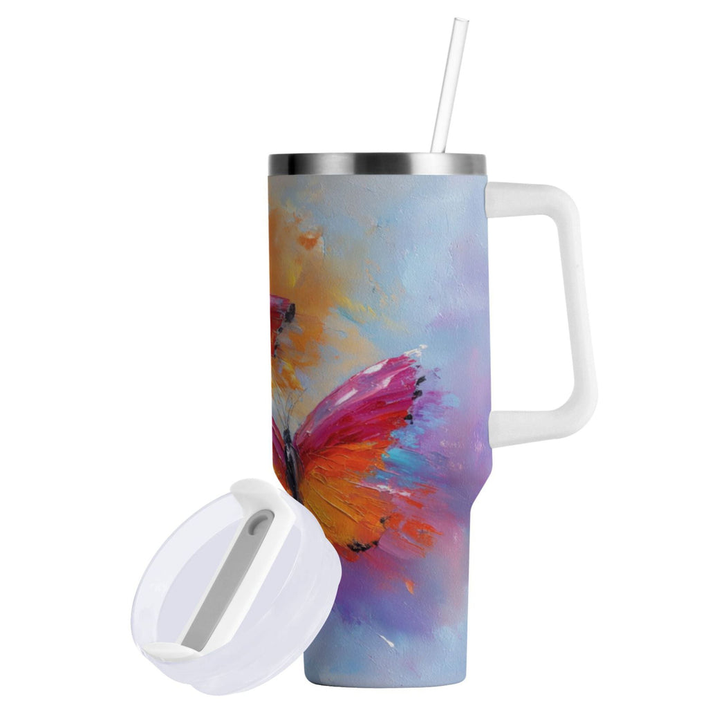 30 oz Insulated Stainless Steel Tumbler Double Wall Stainless Steel Tumbler with 2-Way Drinking Red and Orange Butterflies - Choice 563