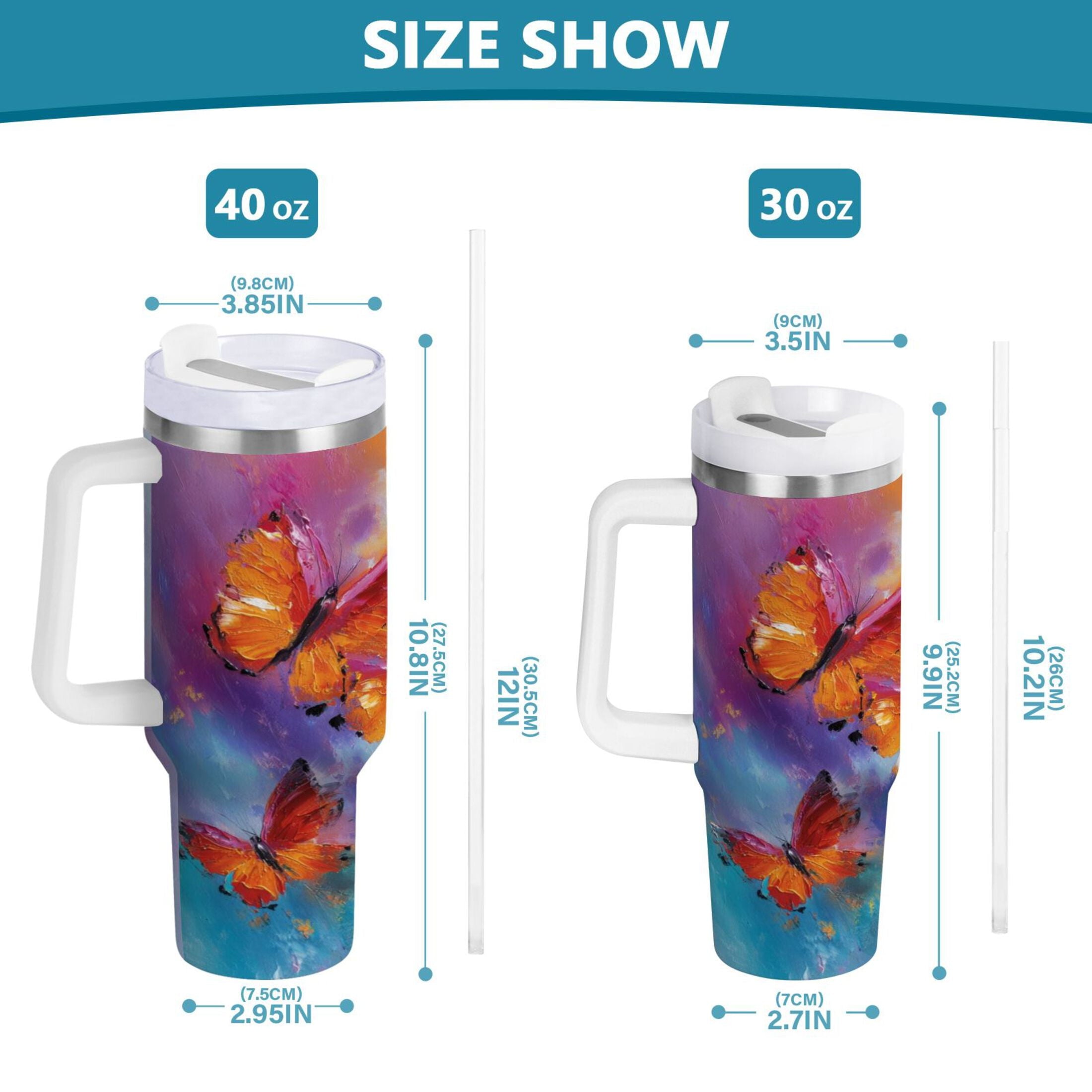 30 oz Insulated Stainless Steel Tumbler Double Wall Stainless Steel Tumbler with 2-Way Drinking Red and Orange Butterflies - Choice 563