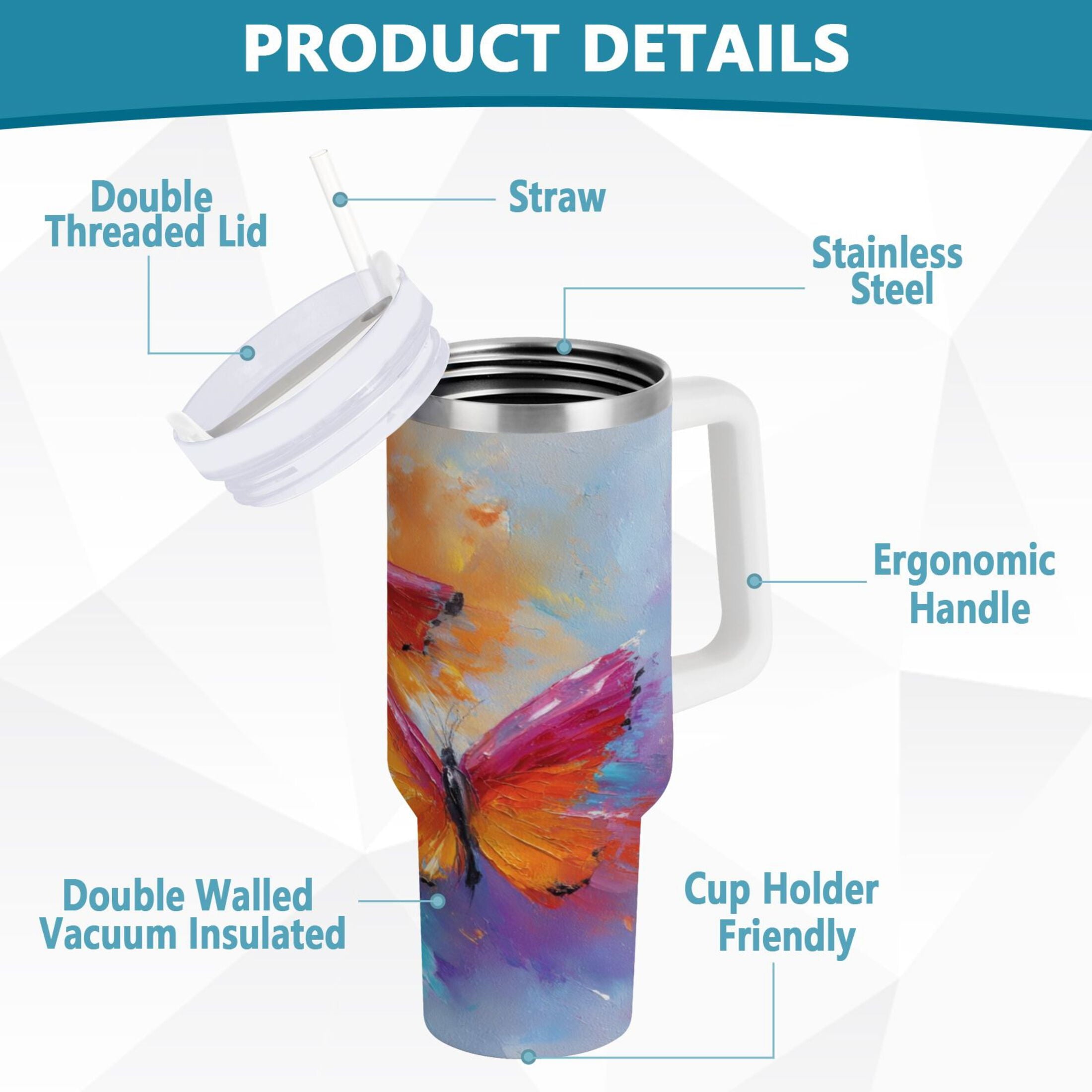 30 oz Insulated Stainless Steel Tumbler Double Wall Stainless Steel Tumbler with 2-Way Drinking Red and Orange Butterflies - Choice 563
