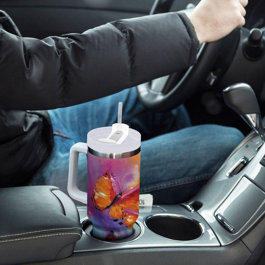 30 oz Insulated Stainless Steel Tumbler Double Wall Stainless Steel Tumbler with 2-Way Drinking Red and Orange Butterflies - Choice 563
