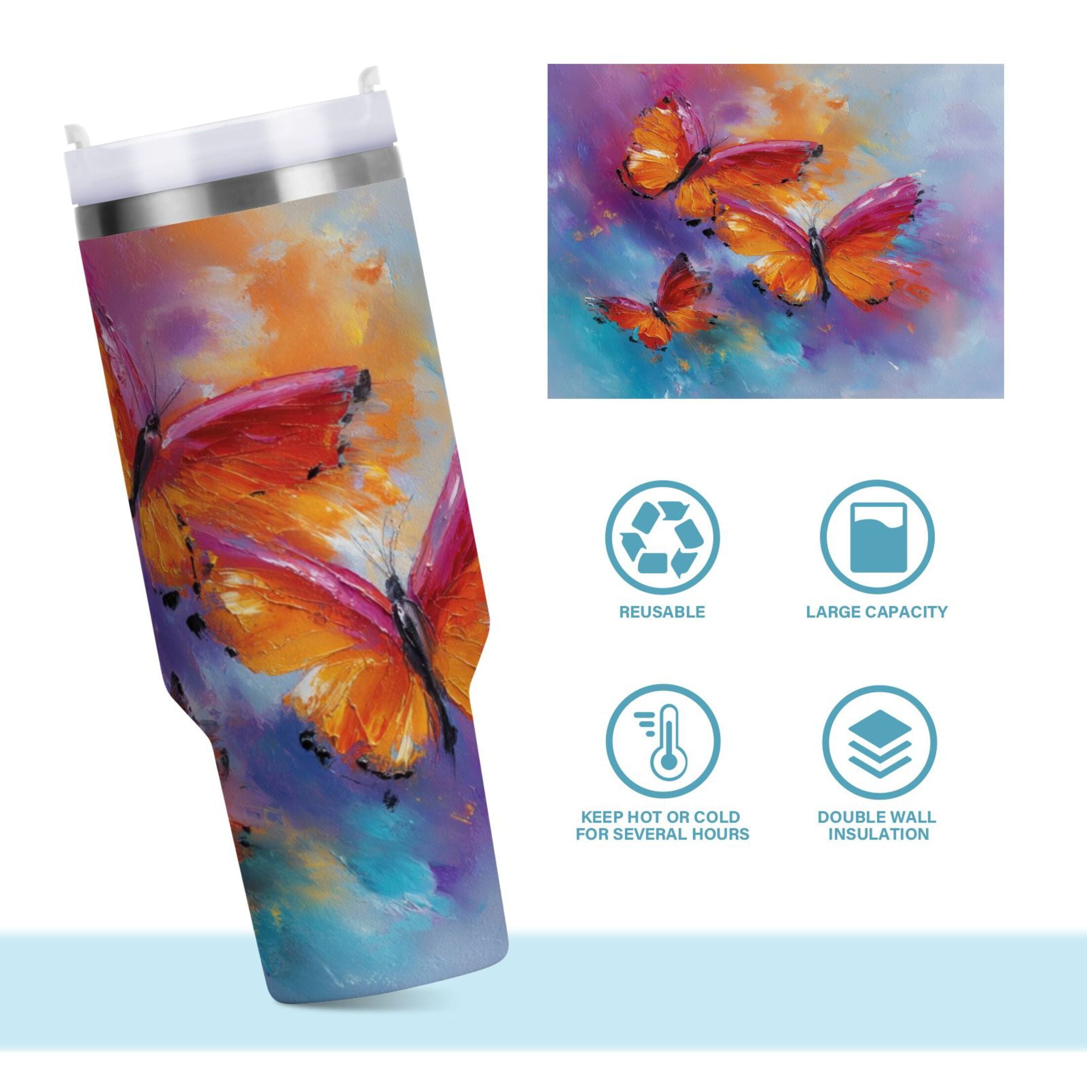 30 oz Insulated Stainless Steel Tumbler Double Wall Stainless Steel Tumbler with 2-Way Drinking Red and Orange Butterflies - Choice 563