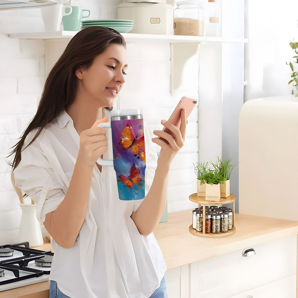 30 oz Insulated Stainless Steel Tumbler Double Wall Stainless Steel Tumbler with 2-Way Drinking Red and Orange Butterflies - Choice 563