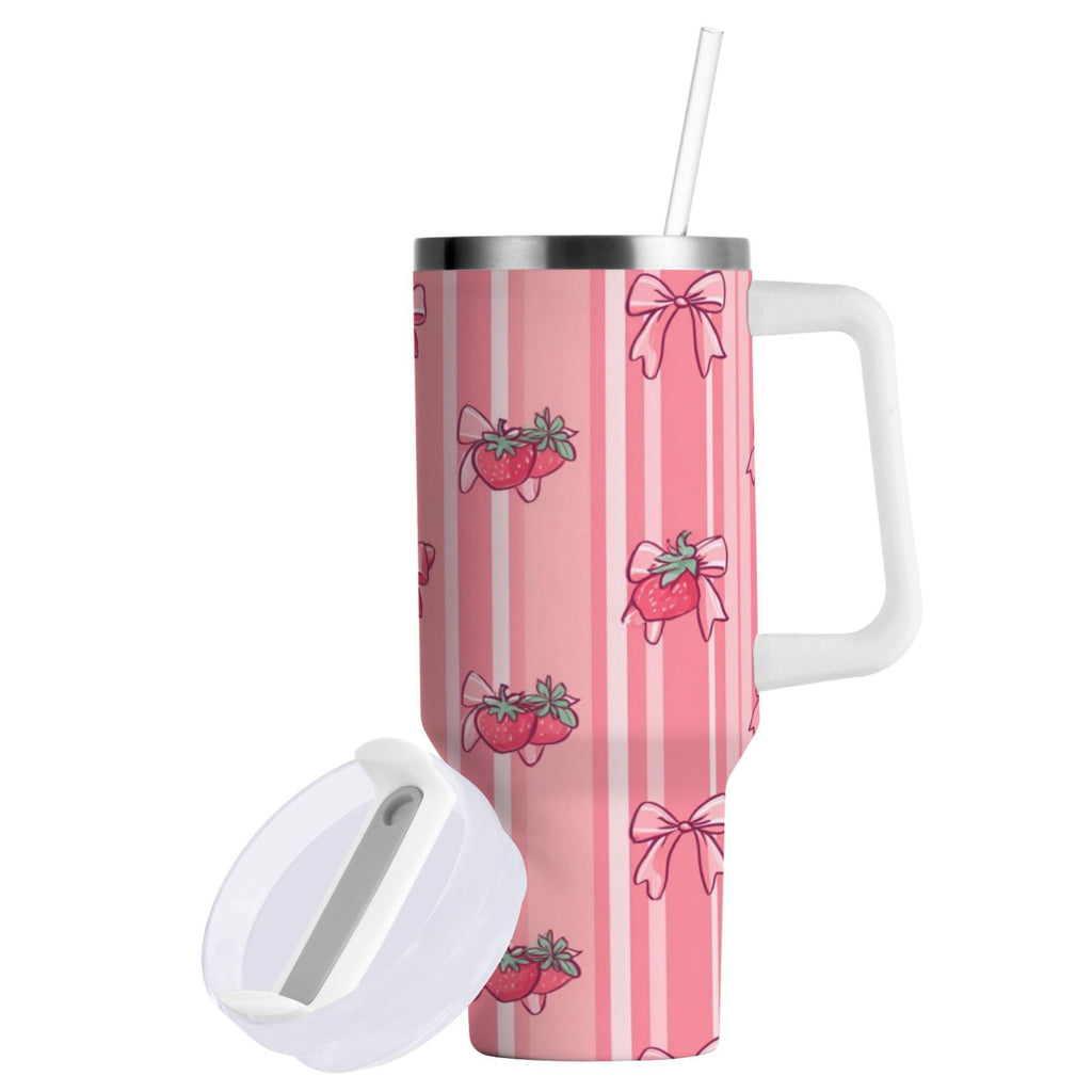 30 oz Insulated Stainless Steel Tumbler Double Wall Stainless Steel Tumbler with 2-Way Drinking Pink Bows and Strawberries - Choice 441