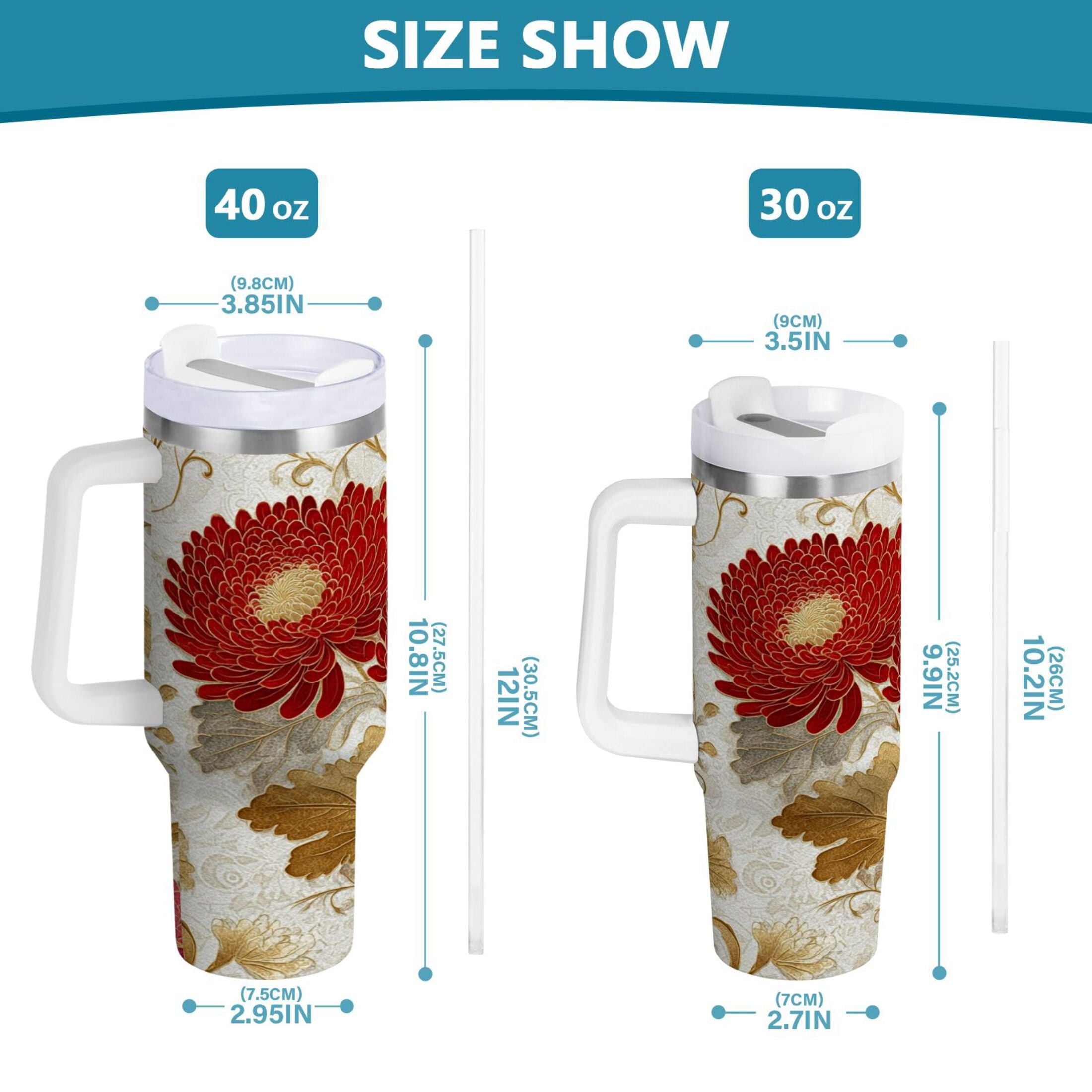 30 oz Insulated Stainless Steel Tumbler Double Wall Stainless Steel Tumbler with 2-Way Drinking Red Chrysanthemum Pattern - Choice 790