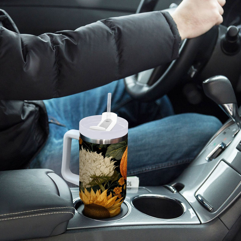 40 oz Insulated Stainless Steel Tumbler Double Wall Stainless Steel Tumbler with 2-Way Drinking Pumpkins and Sunflowers Pattern - Choice 480