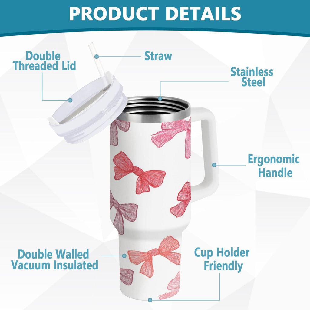 40 oz Insulated Stainless Steel Tumbler Double Wall Stainless Steel Tumbler with 2-Way Drinking Pink Bows Pattern - Choice 914