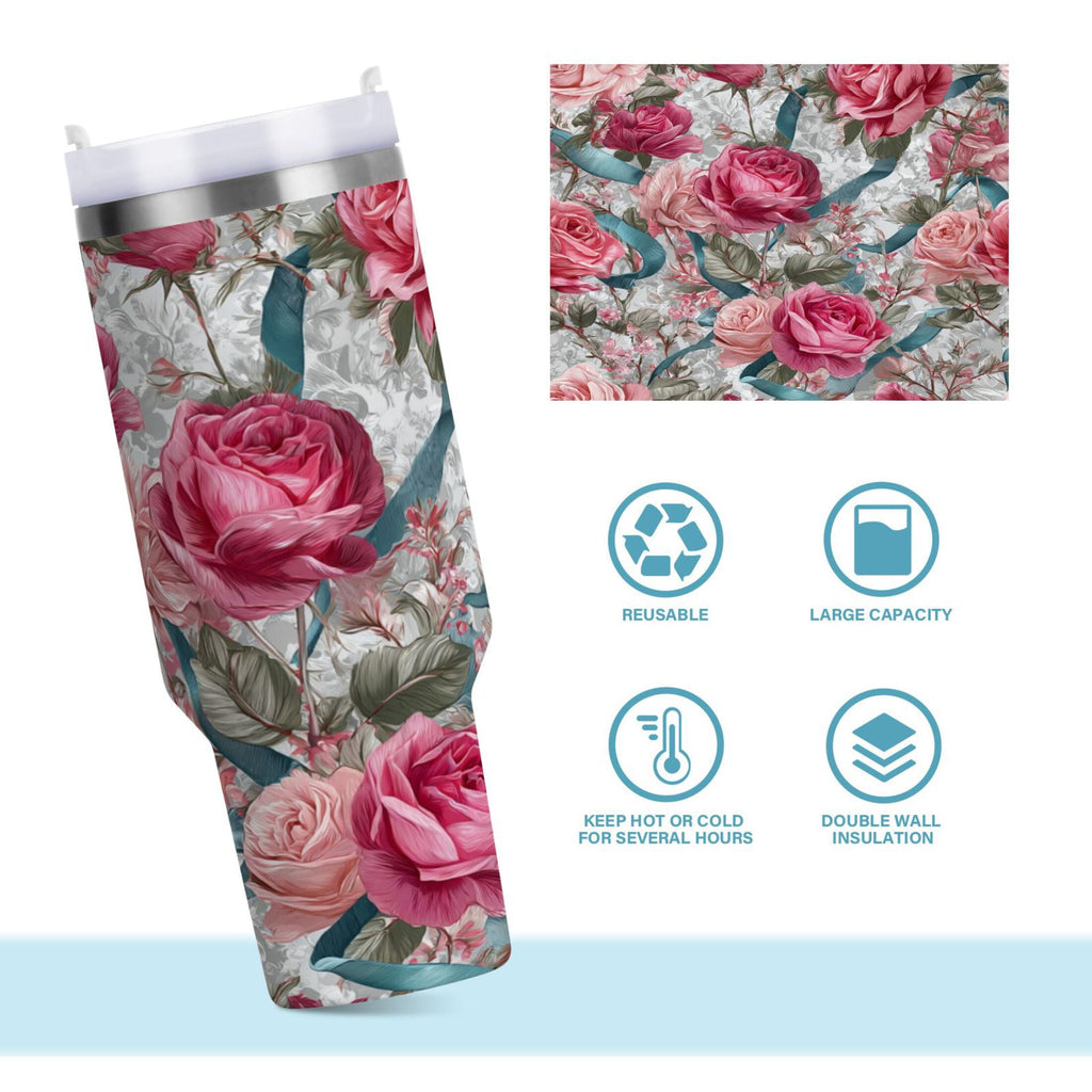 30 oz Insulated Stainless Steel Tumbler Double Wall Stainless Steel Tumbler with 2-Way Drinking Roses and Ribbons - Choice 776