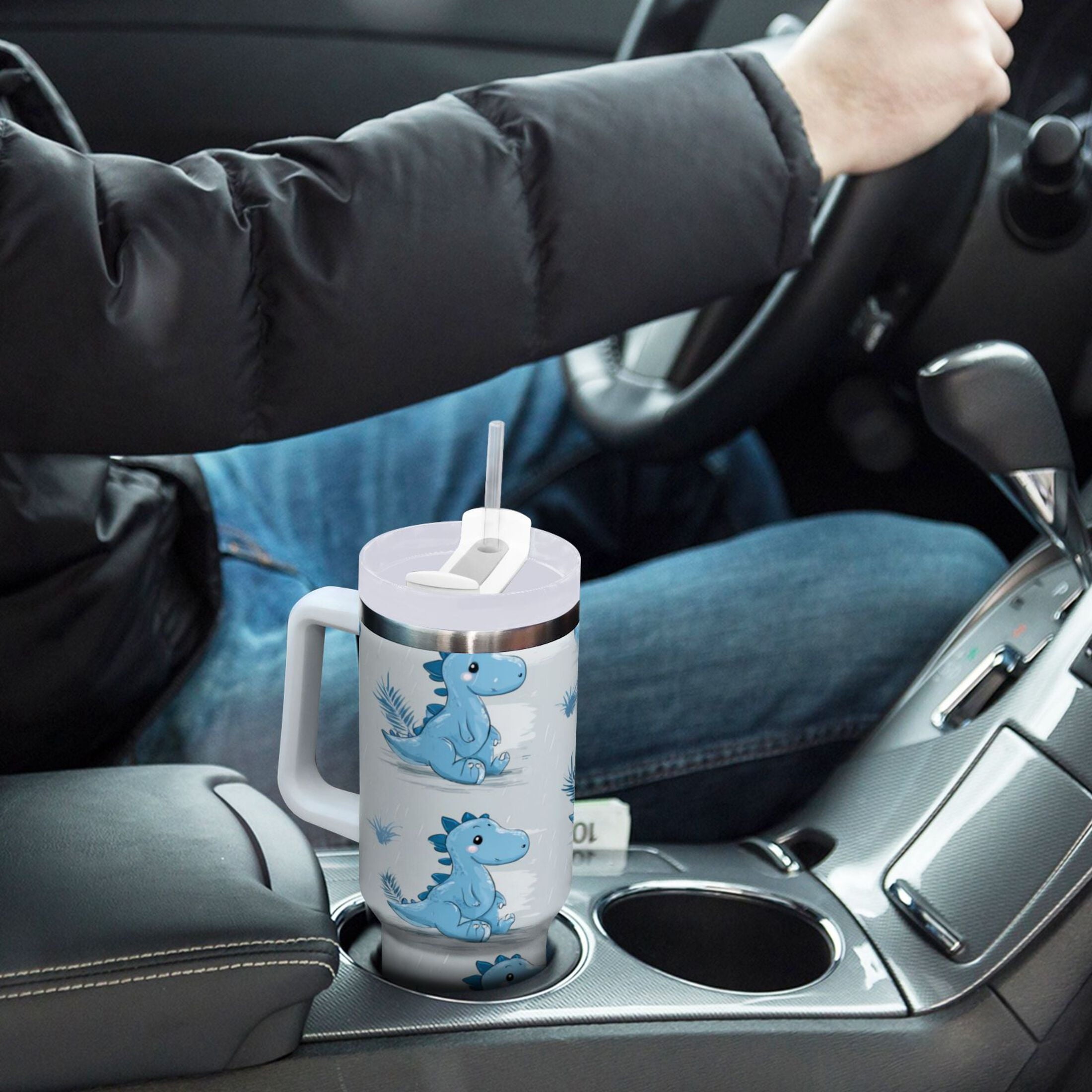 30 oz Insulated Stainless Steel Tumbler Double Wall Stainless Steel Tumbler with 2-Way Drinking Cartoon Blue Dinosaurs - Choice 815