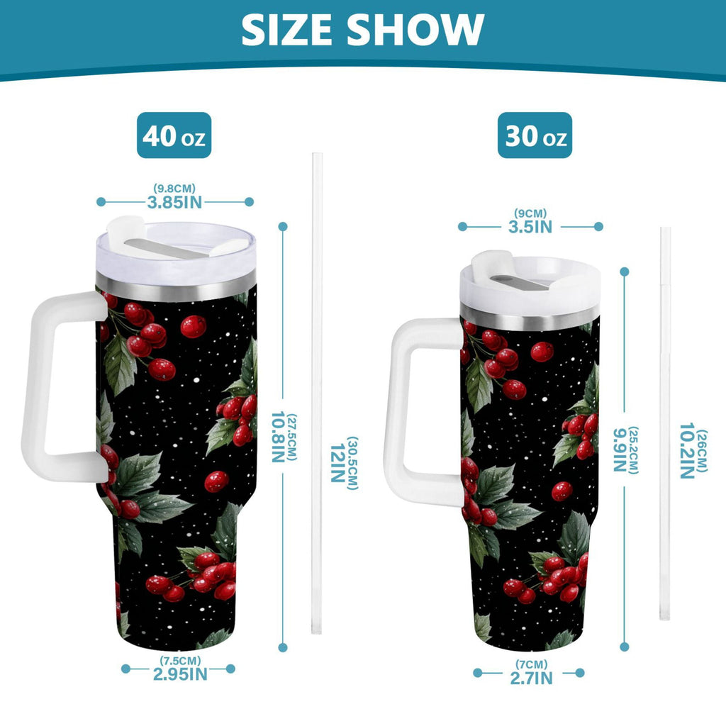 40 oz Insulated Stainless Steel Tumbler Double Wall Stainless Steel Tumbler with 2-Way Drinking Red Holly Berries Pattern - Choice 512