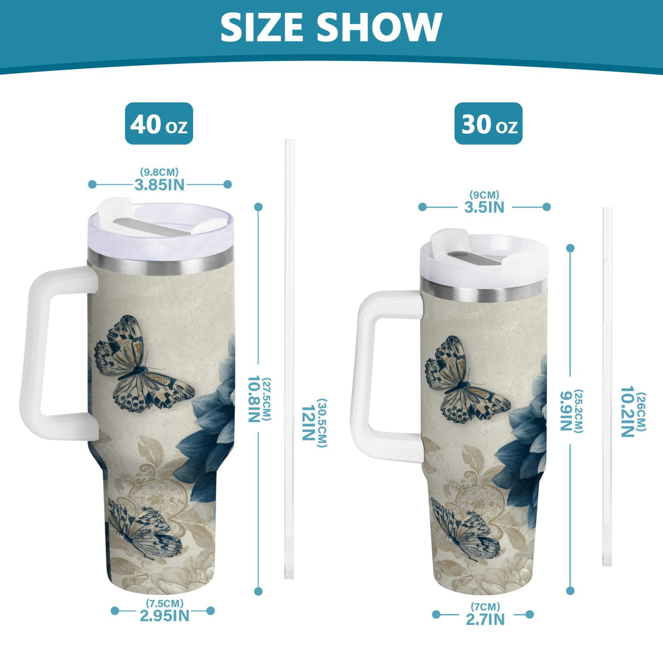 40 oz Insulated Stainless Steel Tumbler Double Wall Stainless Steel Tumbler with 2-Way Drinking Blue Flower with Butterflies - Choice 343