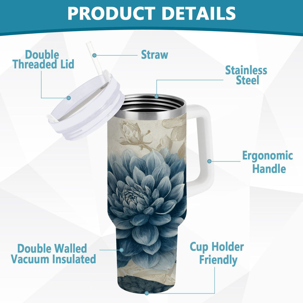 40 oz Insulated Stainless Steel Tumbler Double Wall Stainless Steel Tumbler with 2-Way Drinking Blue Flower with Butterflies - Choice 343