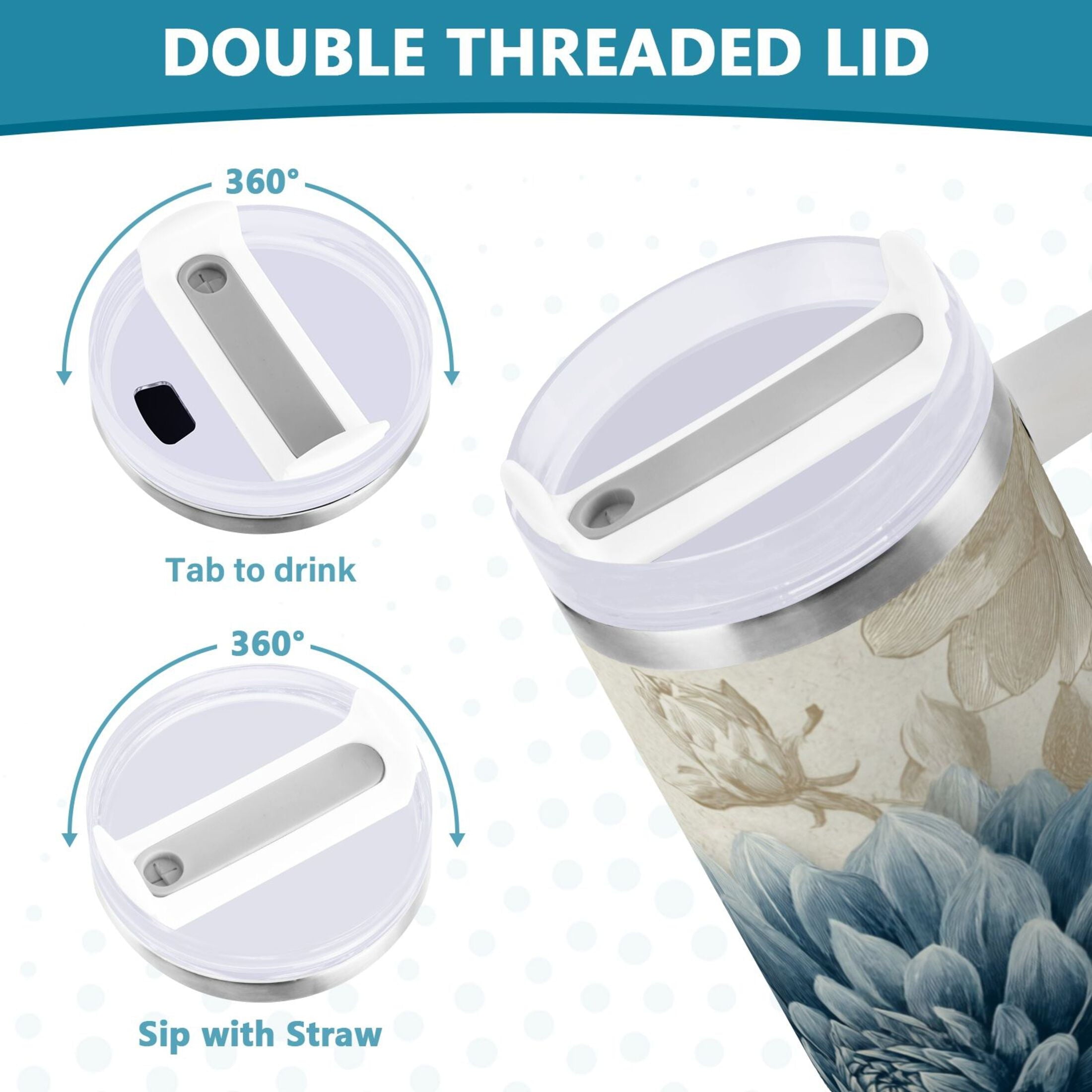 40 oz Insulated Stainless Steel Tumbler Double Wall Stainless Steel Tumbler with 2-Way Drinking Blue Flower with Butterflies - Choice 343