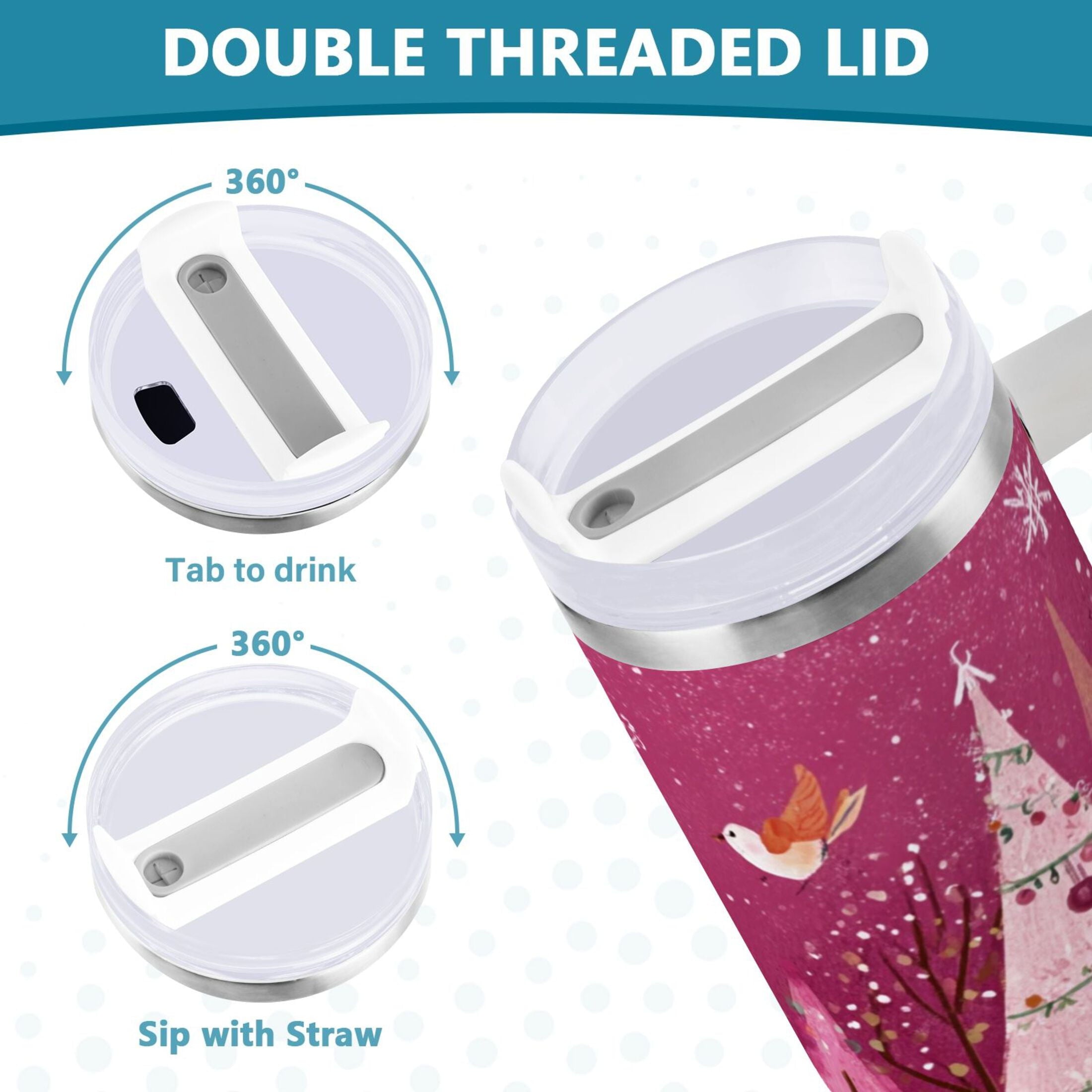 40 oz Insulated Stainless Steel Tumbler Double Wall Stainless Steel Tumbler with 2-Way Drinking Pink Christmas Forest - Choice 570