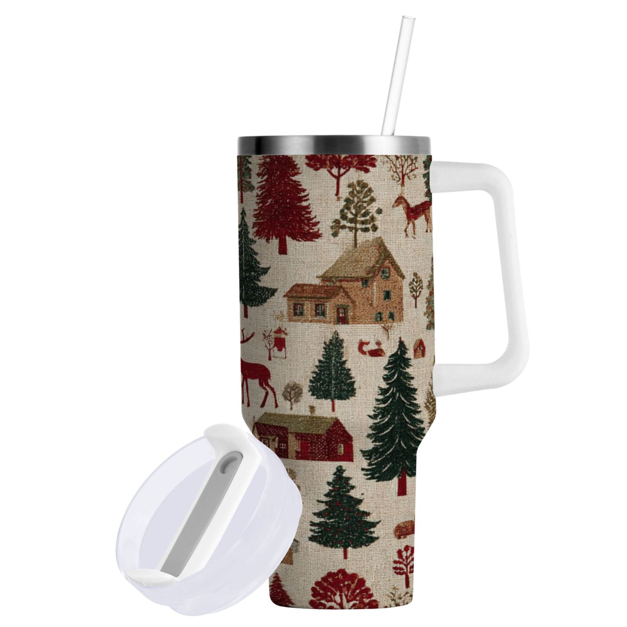 30 oz Insulated Stainless Steel Tumbler Double Wall Stainless Steel Tumbler with 2-Way Drinking Christmas Trees Deer and Houses - Choice 652