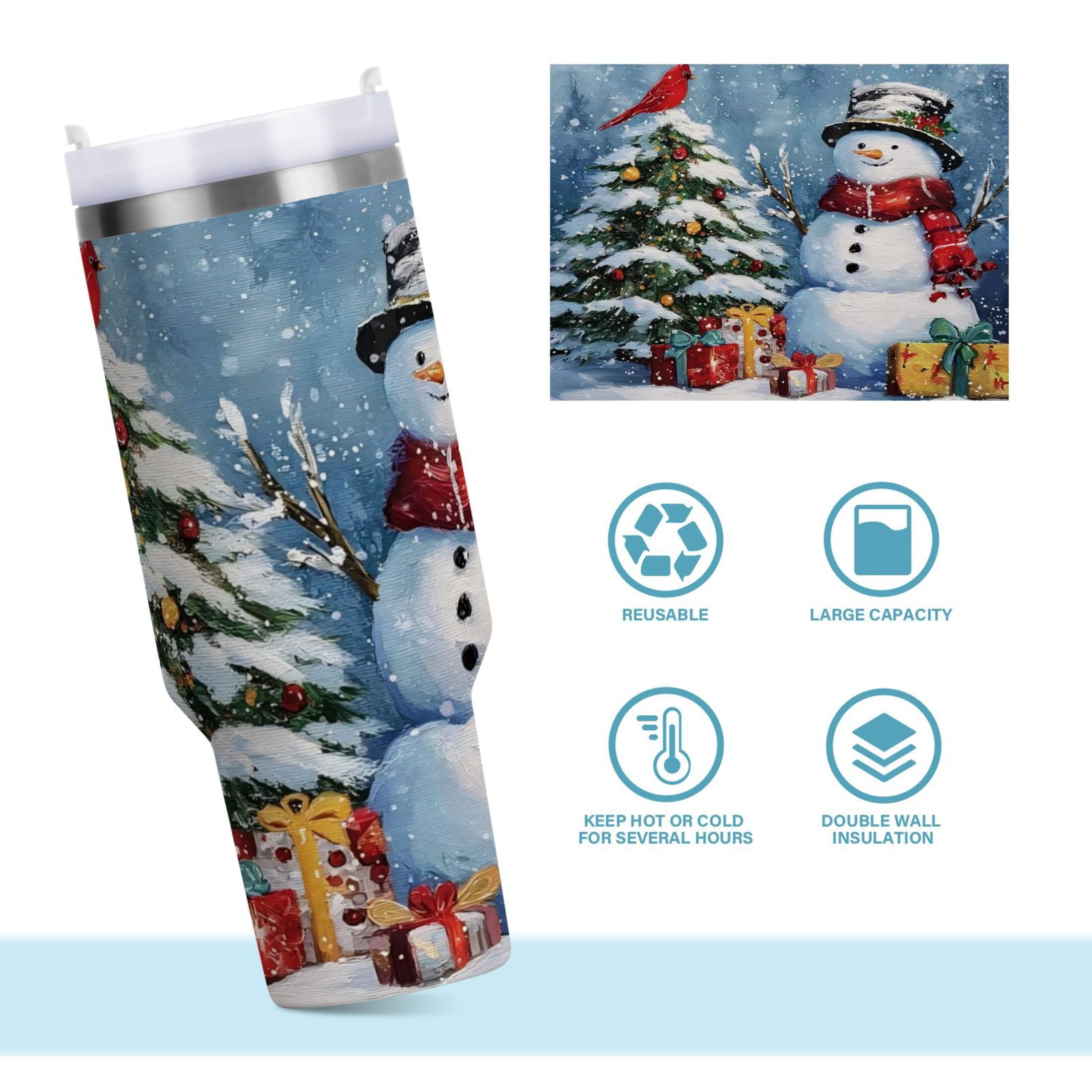 30 oz Insulated Stainless Steel Tumbler Double Wall Stainless Steel Tumbler with 2-Way Drinking Christmas Scene with Snowman - Choice 743