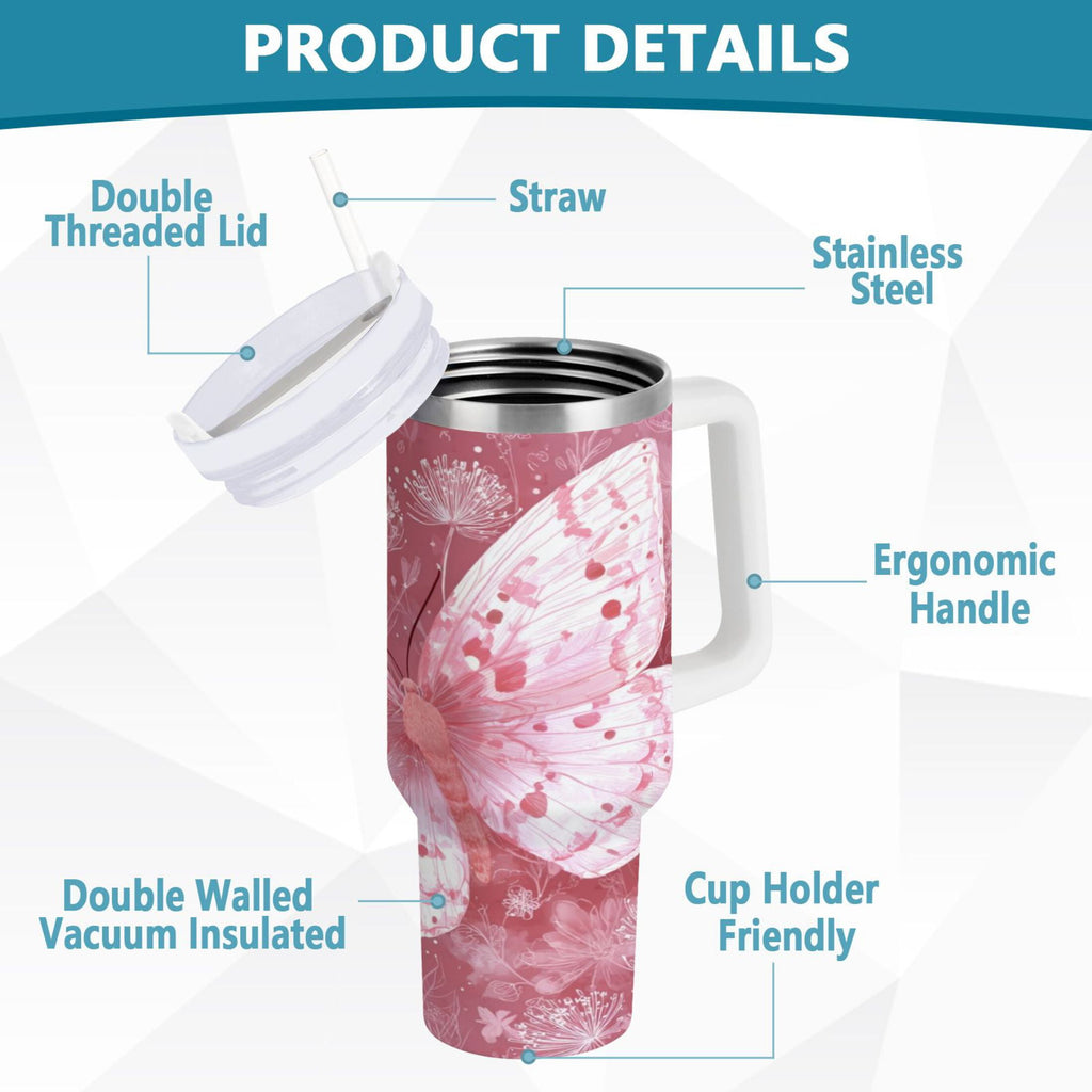 30 oz Insulated Stainless Steel Tumbler Double Wall Stainless Steel Tumbler with 2-Way Drinking Soft Pink Butterfly - Choice 928