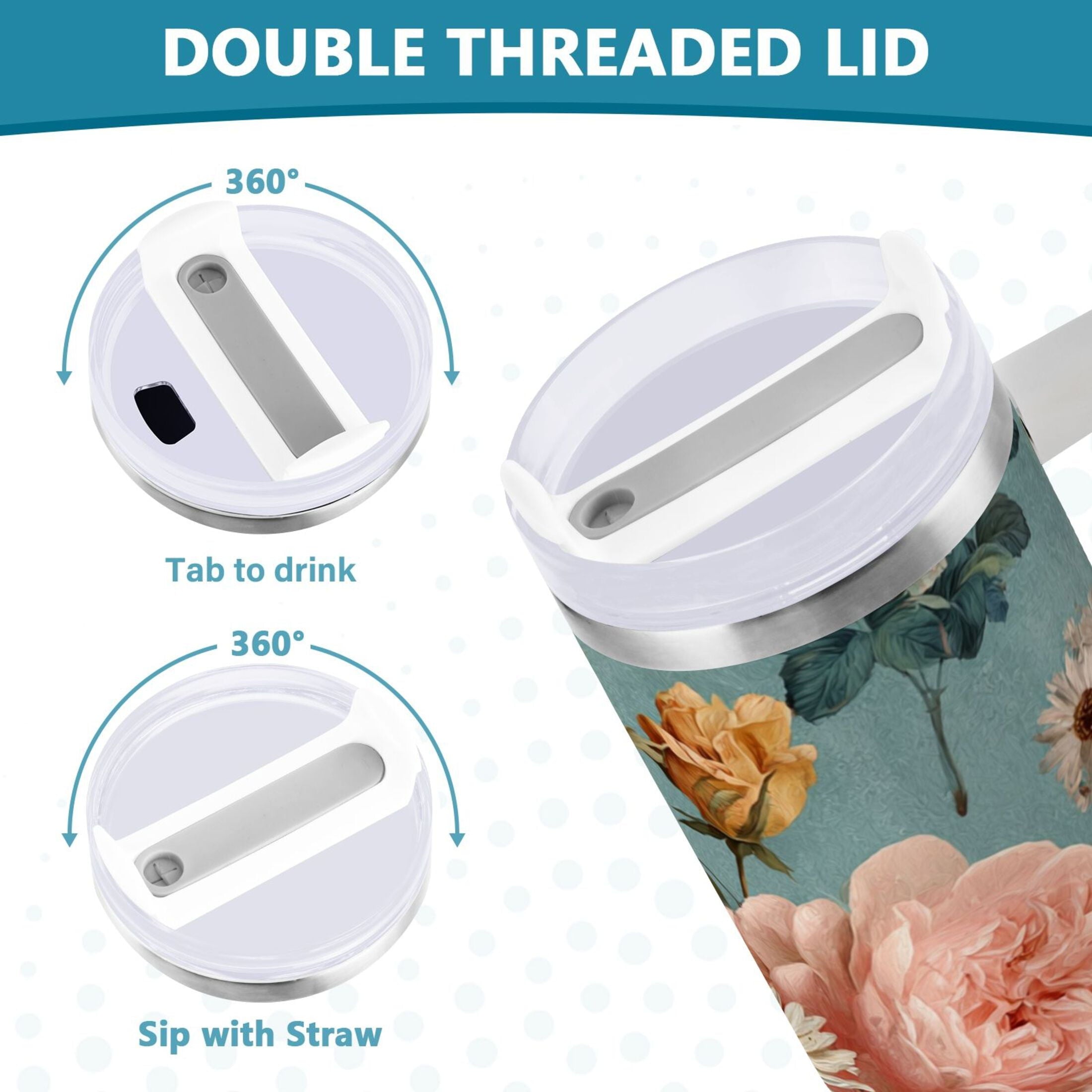 30 oz Insulated Stainless Steel Tumbler Double Wall Stainless Steel Tumbler with 2-Way Drinking Vintage Roses and Peonies - Choice 710