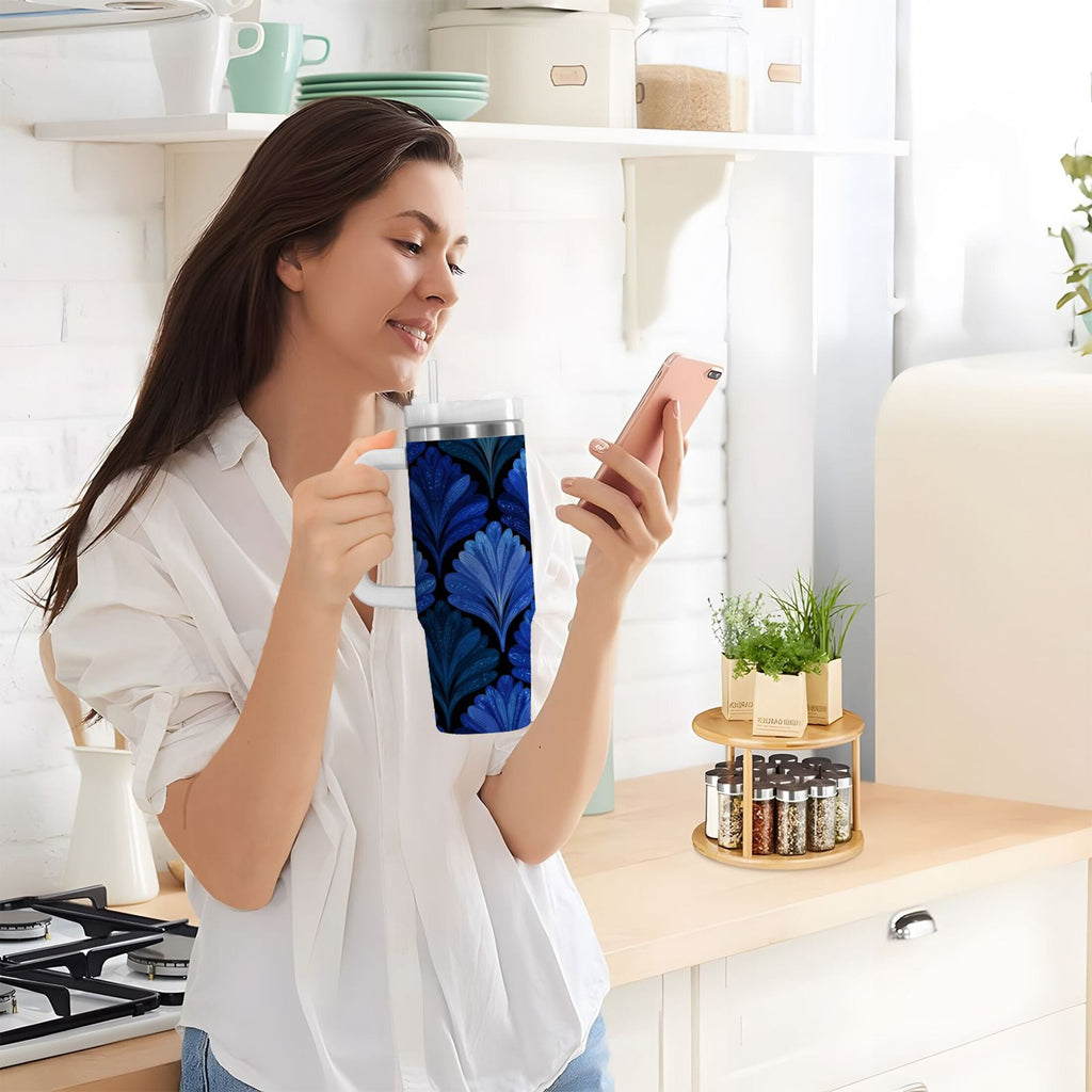 30 oz Insulated Stainless Steel Tumbler Double Wall Stainless Steel Tumbler with 2-Way Drinking Blue Batik Leaves Pattern - Choice 588