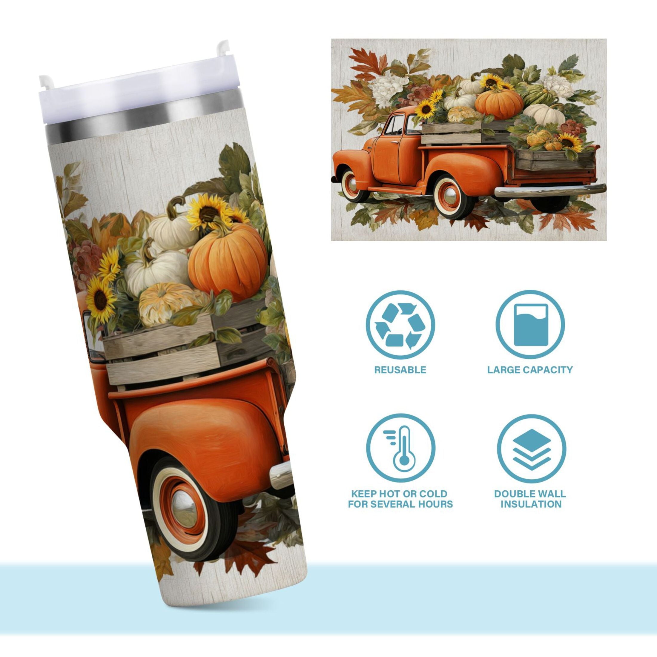 40 oz Insulated Stainless Steel Tumbler Double Wall Stainless Steel Tumbler with 2-Way Drinking Truck Full Of Pumpkins - Choice 682