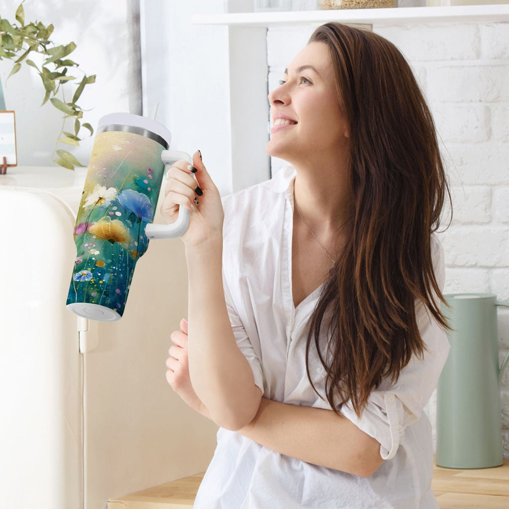 30 oz Insulated Stainless Steel Tumbler Double Wall Stainless Steel Tumbler with 2-Way Drinking Watercolor Wildflowers - Choice 776