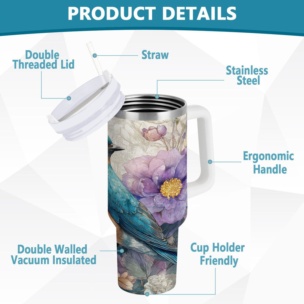 30 oz Insulated Stainless Steel Tumbler Double Wall Stainless Steel Tumbler with 2-Way Drinking Bluebird and Flower - Choice 992