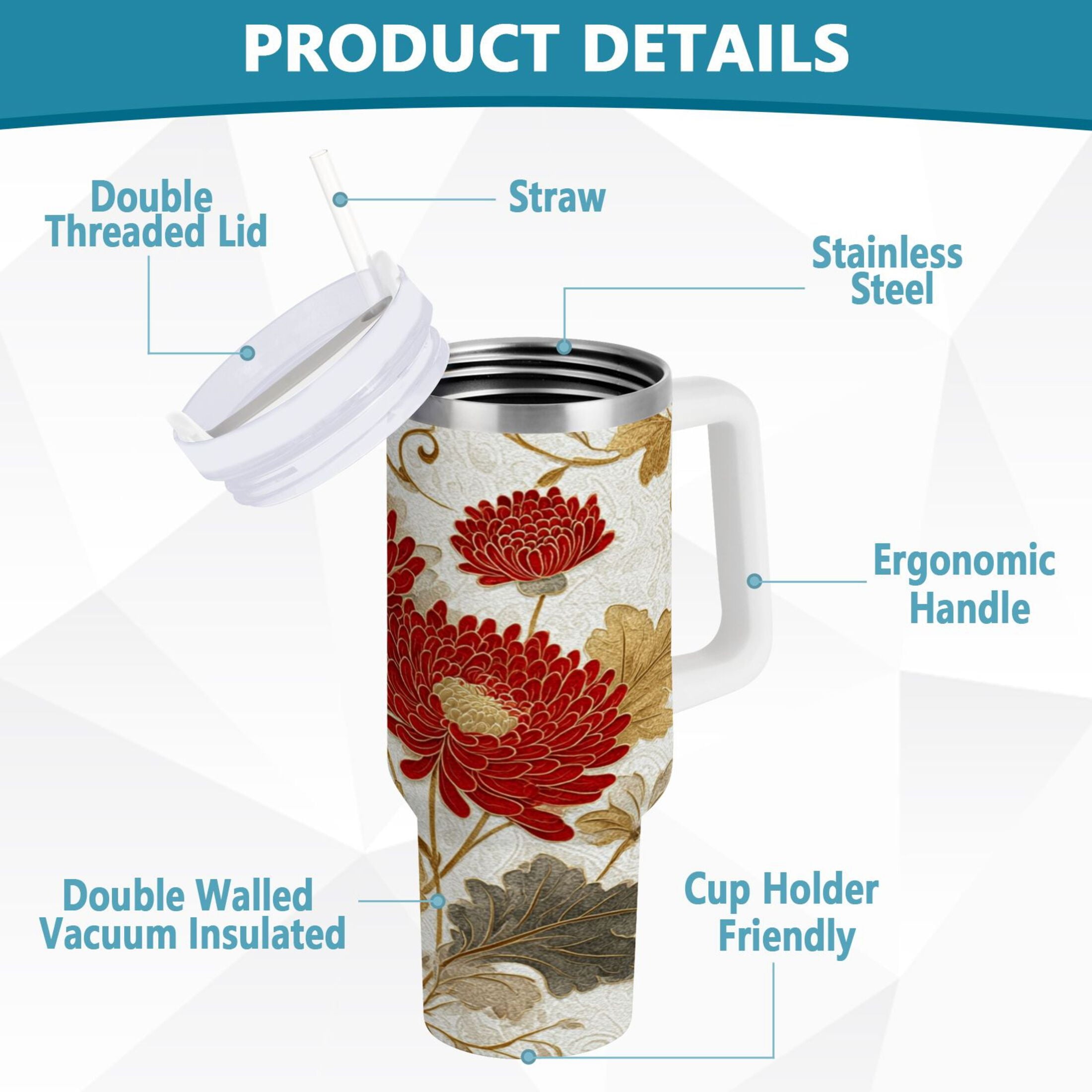 30 oz Insulated Stainless Steel Tumbler Double Wall Stainless Steel Tumbler with 2-Way Drinking Red Chrysanthemum Pattern - Choice 790
