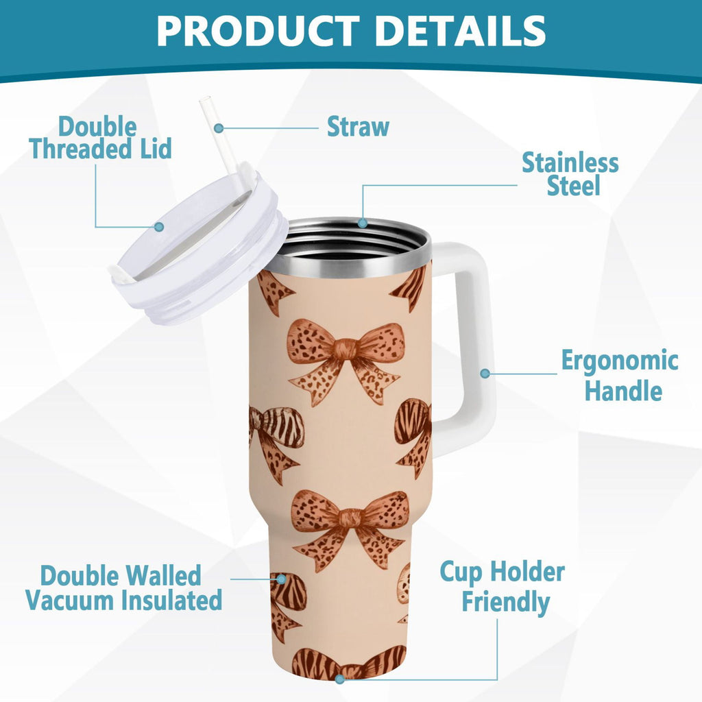 40 oz Insulated Stainless Steel Tumbler Double Wall Stainless Steel Tumbler with 2-Way Drinking Leopard Print Bow - Choice 337