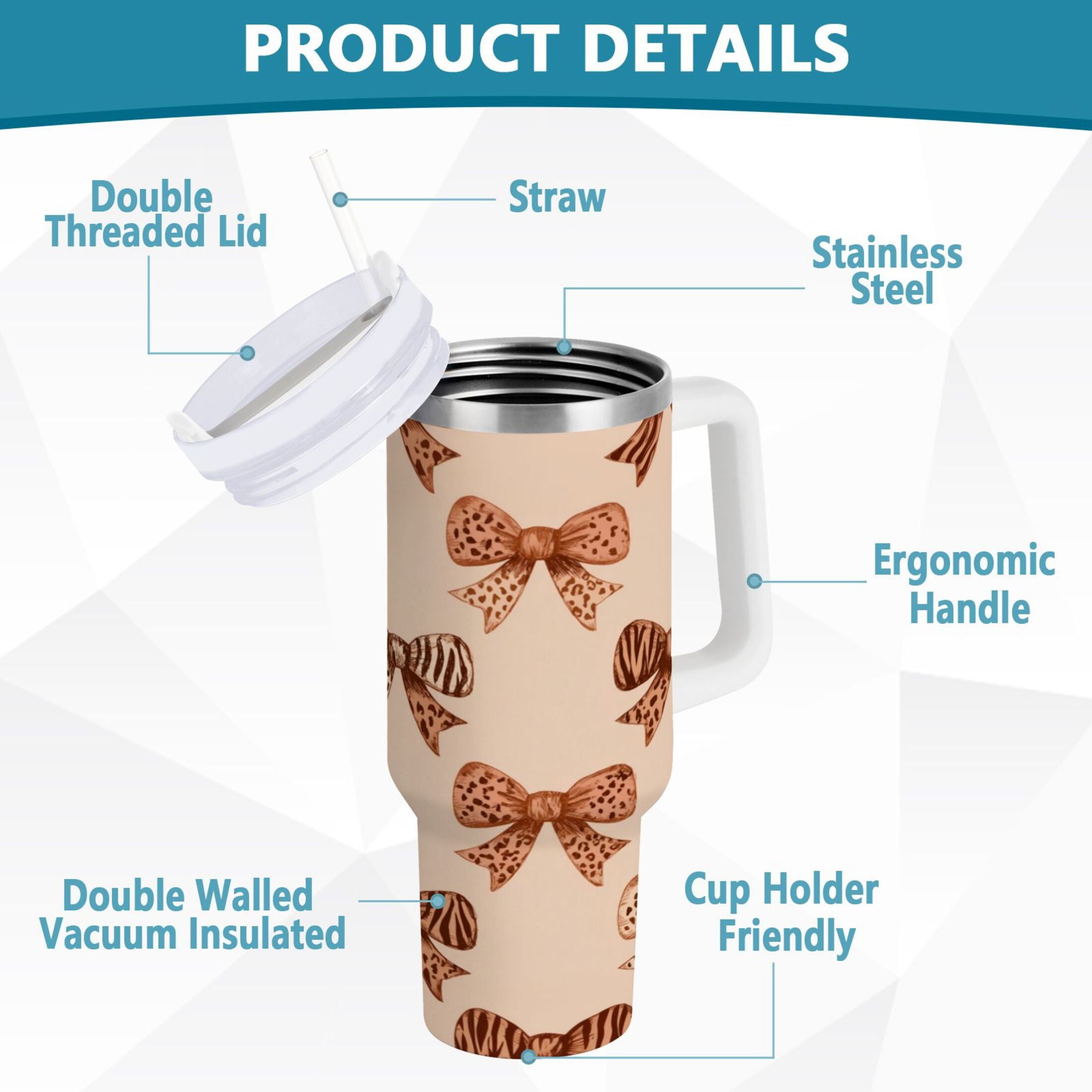40 oz Insulated Stainless Steel Tumbler Double Wall Stainless Steel Tumbler with 2-Way Drinking Leopard Print Bow - Choice 337