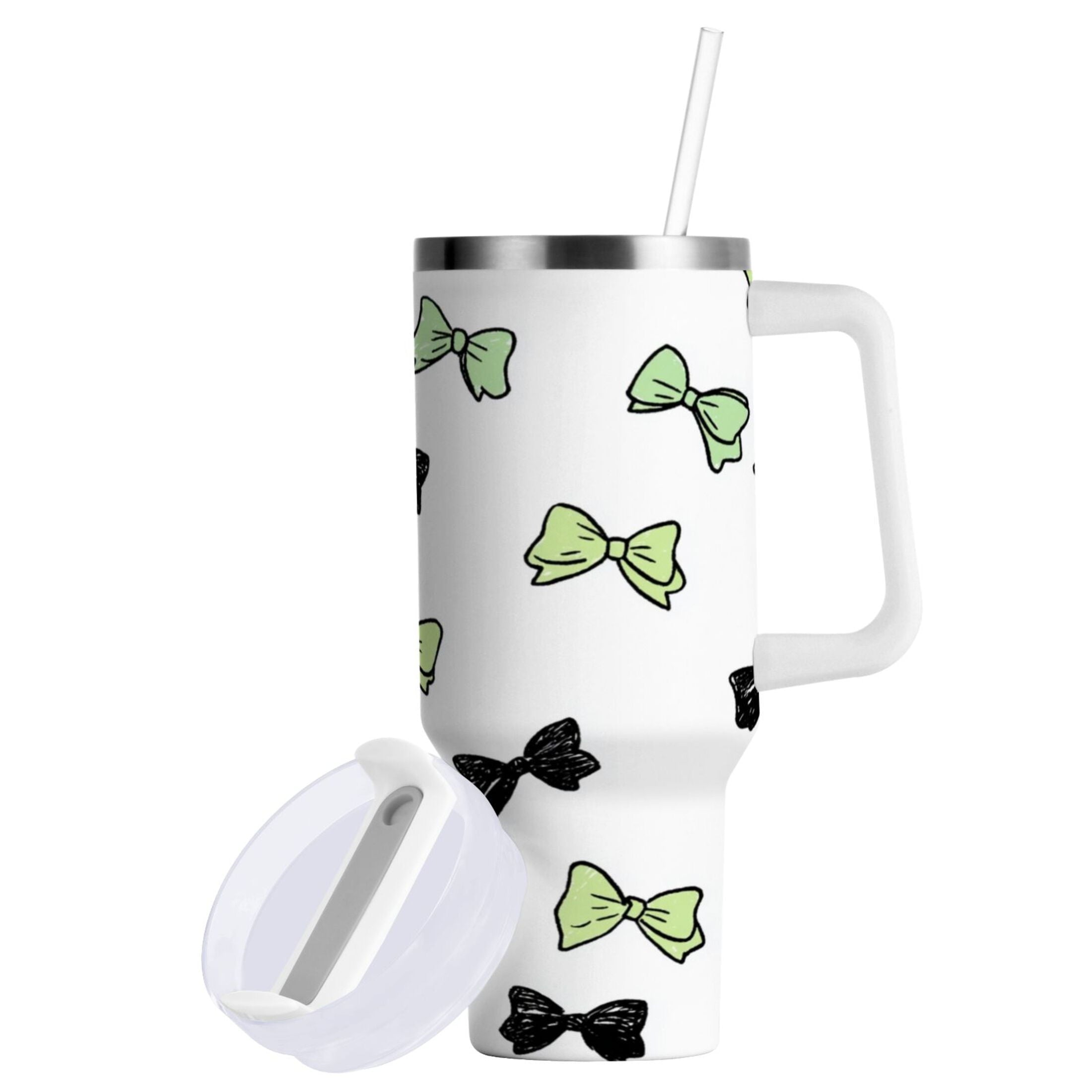 40 oz Insulated Stainless Steel Tumbler Double Wall Stainless Steel Tumbler with 2-Way Drinking Green and Black Bows - Choice 904