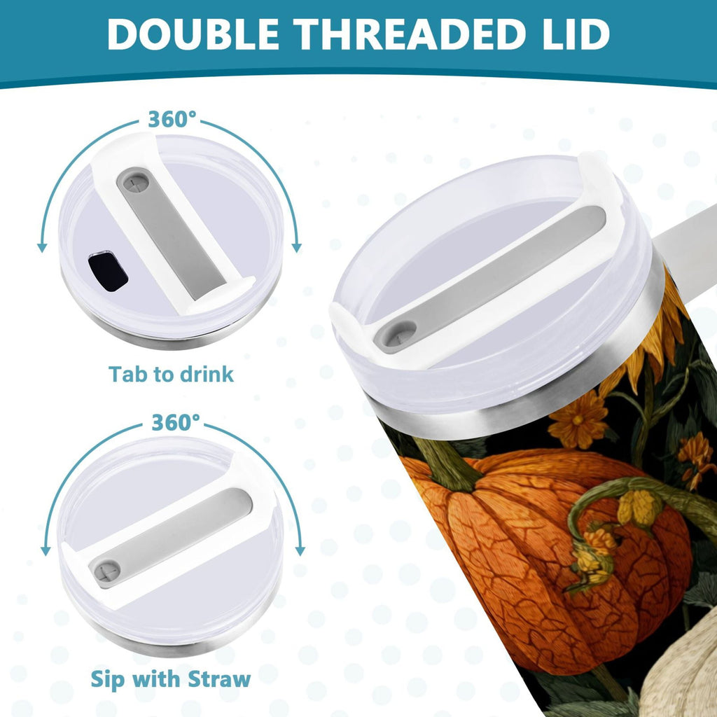 40 oz Insulated Stainless Steel Tumbler Double Wall Stainless Steel Tumbler with 2-Way Drinking Pumpkins and Sunflowers Pattern - Choice 480