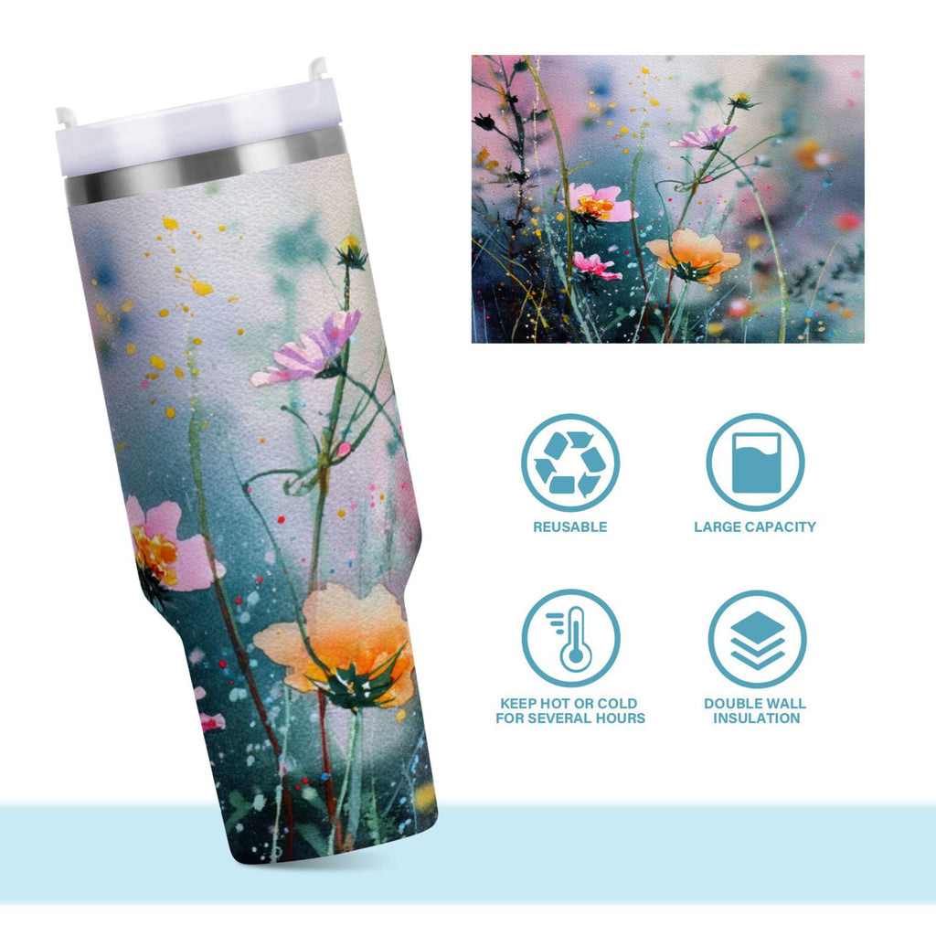 40 oz Insulated Stainless Steel Tumbler Double Wall Stainless Steel Tumbler with 2-Way Drinking Abstract Wildflowers - Choice 596