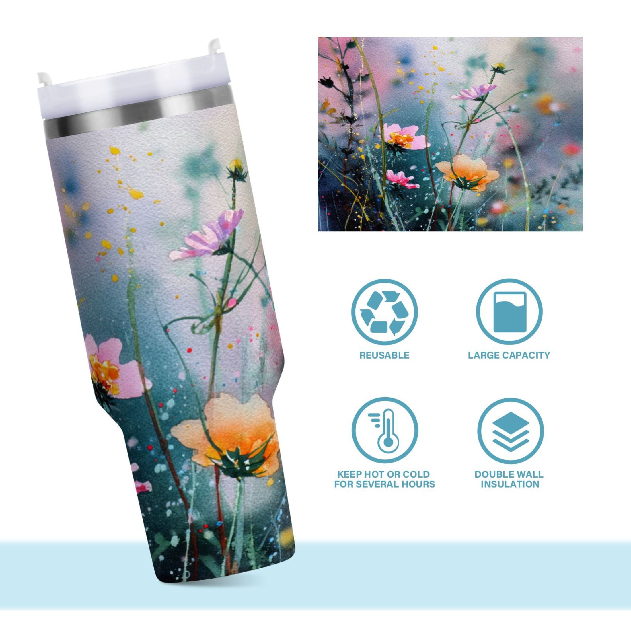 40 oz Insulated Stainless Steel Tumbler Double Wall Stainless Steel Tumbler with 2-Way Drinking Abstract Wildflowers - Choice 596