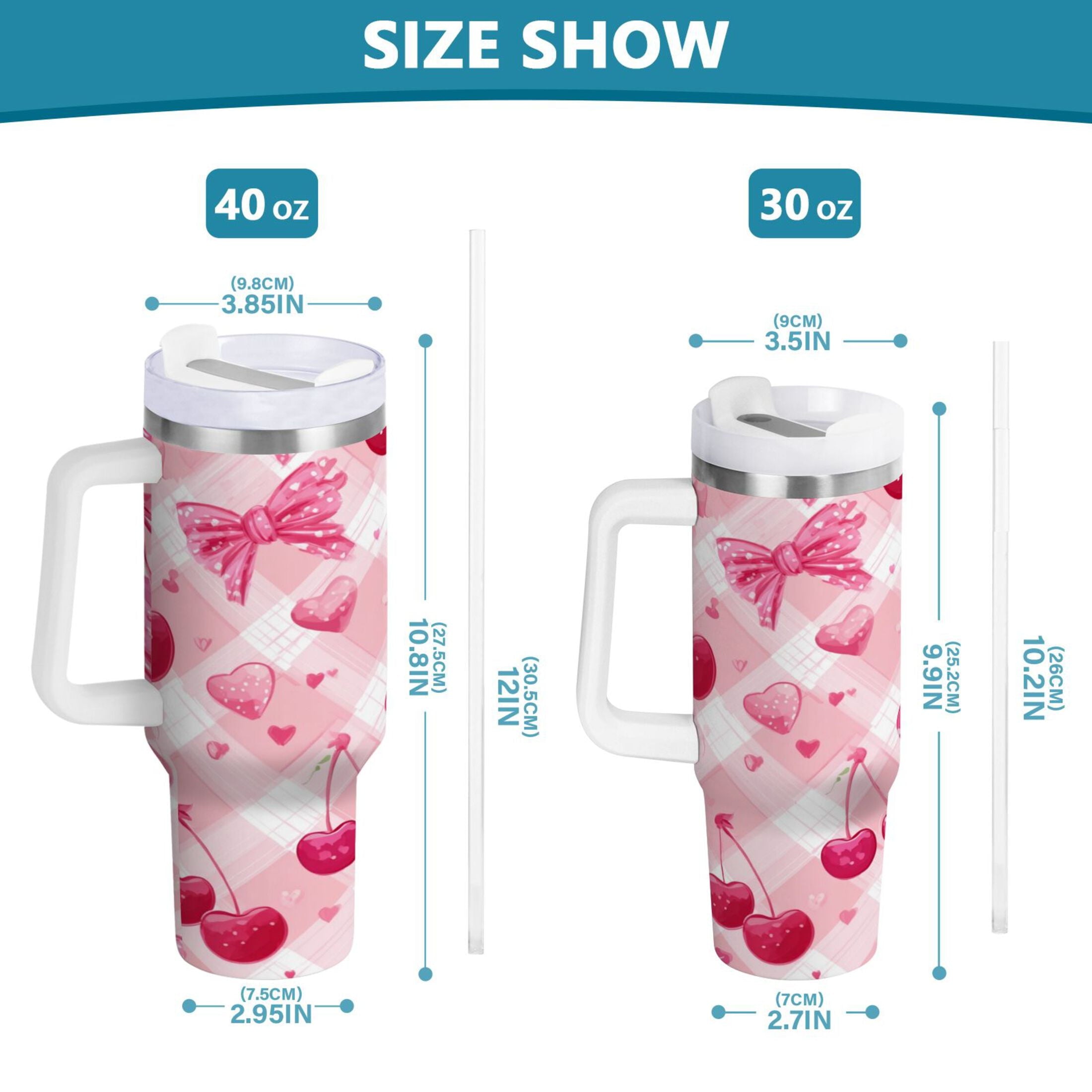 30 oz Insulated Stainless Steel Tumbler Double Wall Stainless Steel Tumbler with 2-Way Drinking Cherry and Pink Bow Pattern - Choice 265