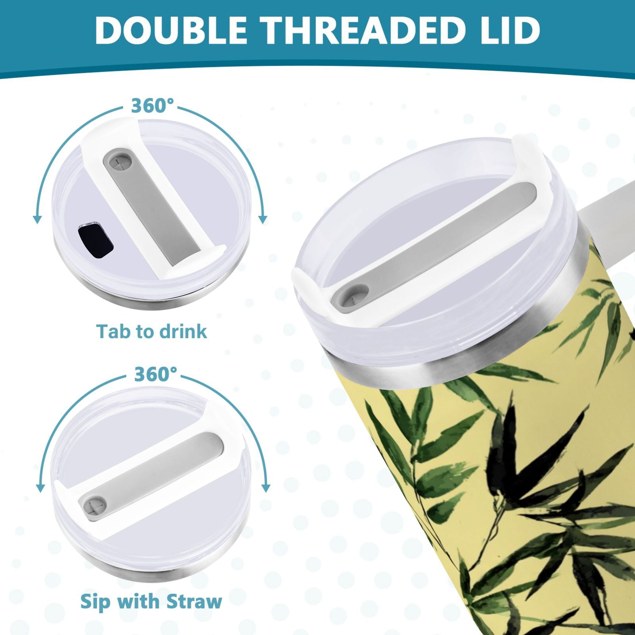 30 oz Insulated Stainless Steel Tumbler Double Wall Stainless Steel Tumbler with 2-Way Drinking Bamboo and Green Leaves - Choice 544