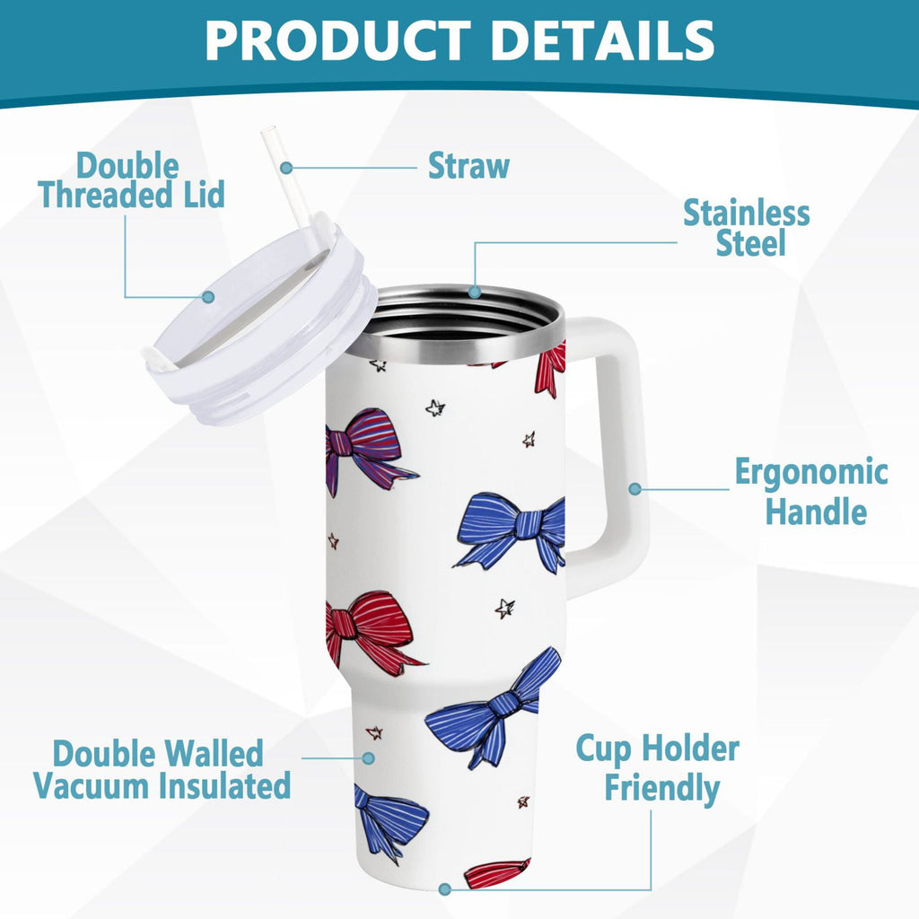 30 oz Insulated Stainless Steel Tumbler Double Wall Stainless Steel Tumbler with 2-Way Drinking Red and Blue Stripe Bows - Choice 637