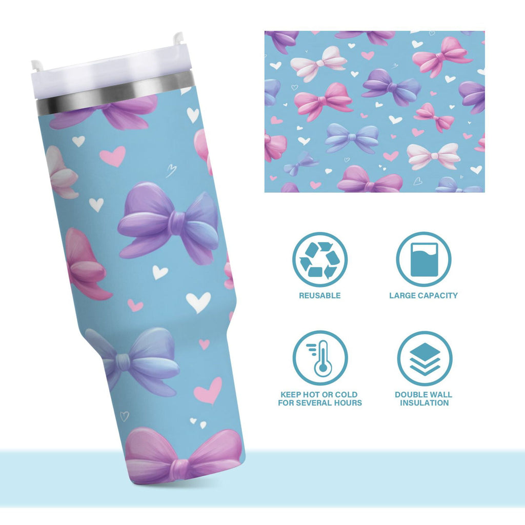 30 oz Insulated Stainless Steel Tumbler Double Wall Stainless Steel Tumbler with 2-Way Drinking Pink and Purple Bows - Choice 223