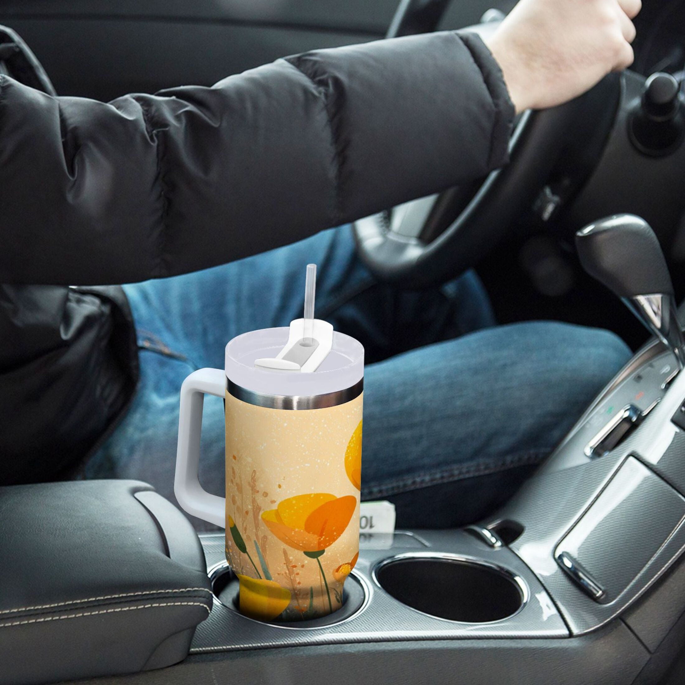 30 oz Insulated Stainless Steel Tumbler Double Wall Stainless Steel Tumbler with 2-Way Drinking Yellow Flowers on The Grass - Choice 300