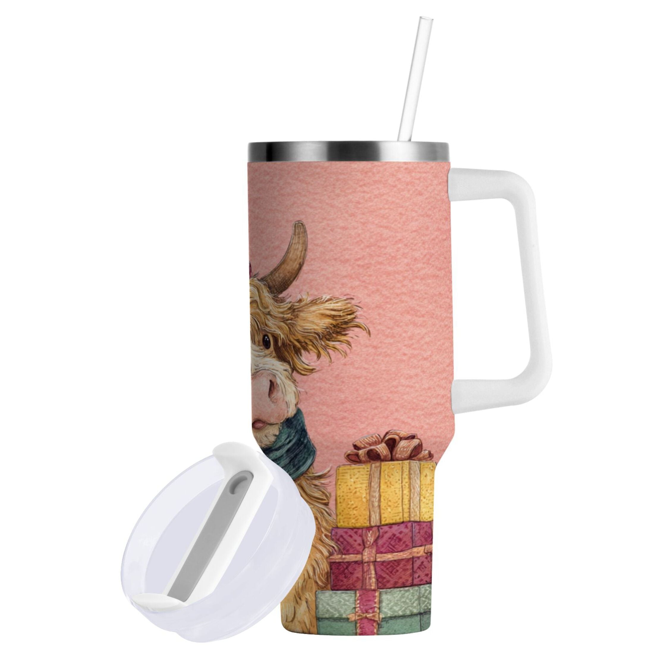 30 oz Insulated Stainless Steel Tumbler Double Wall Stainless Steel Tumbler with 2-Way Drinking Cow Wearing Scarf and Hat - Choice 220