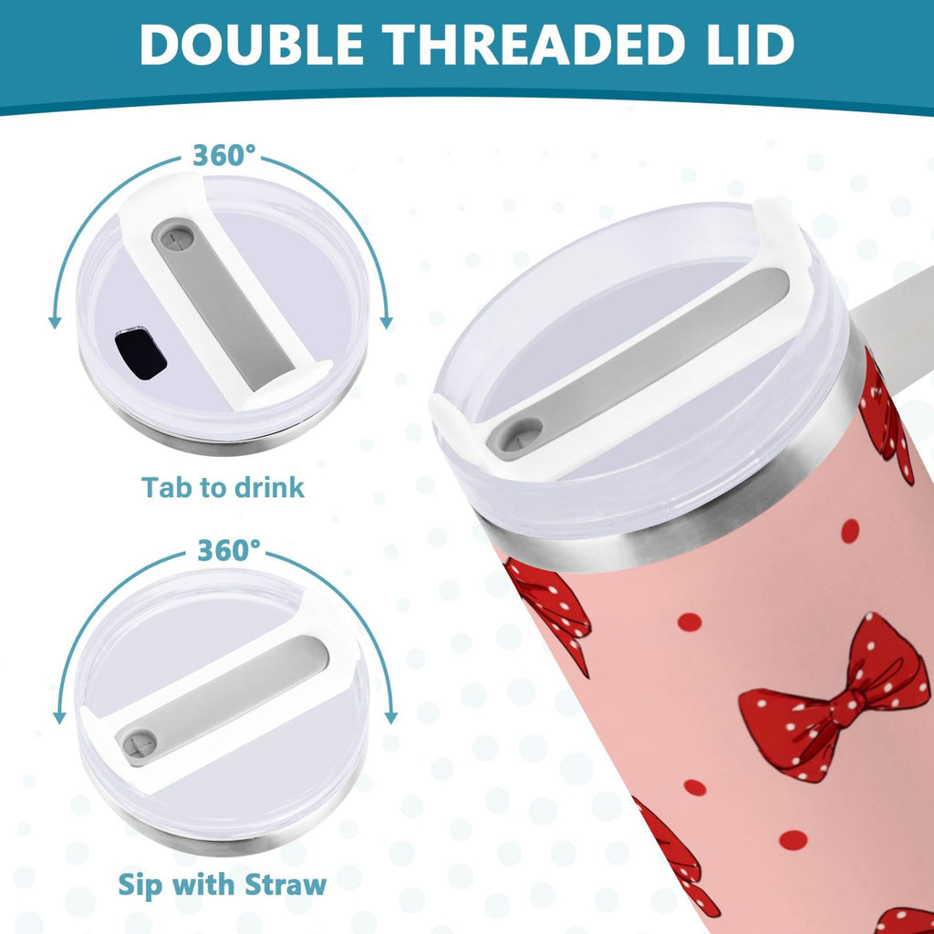 40 oz Insulated Stainless Steel Tumbler Double Wall Stainless Steel Tumbler with 2-Way Drinking Red Bows and Polka Dots - Choice 560