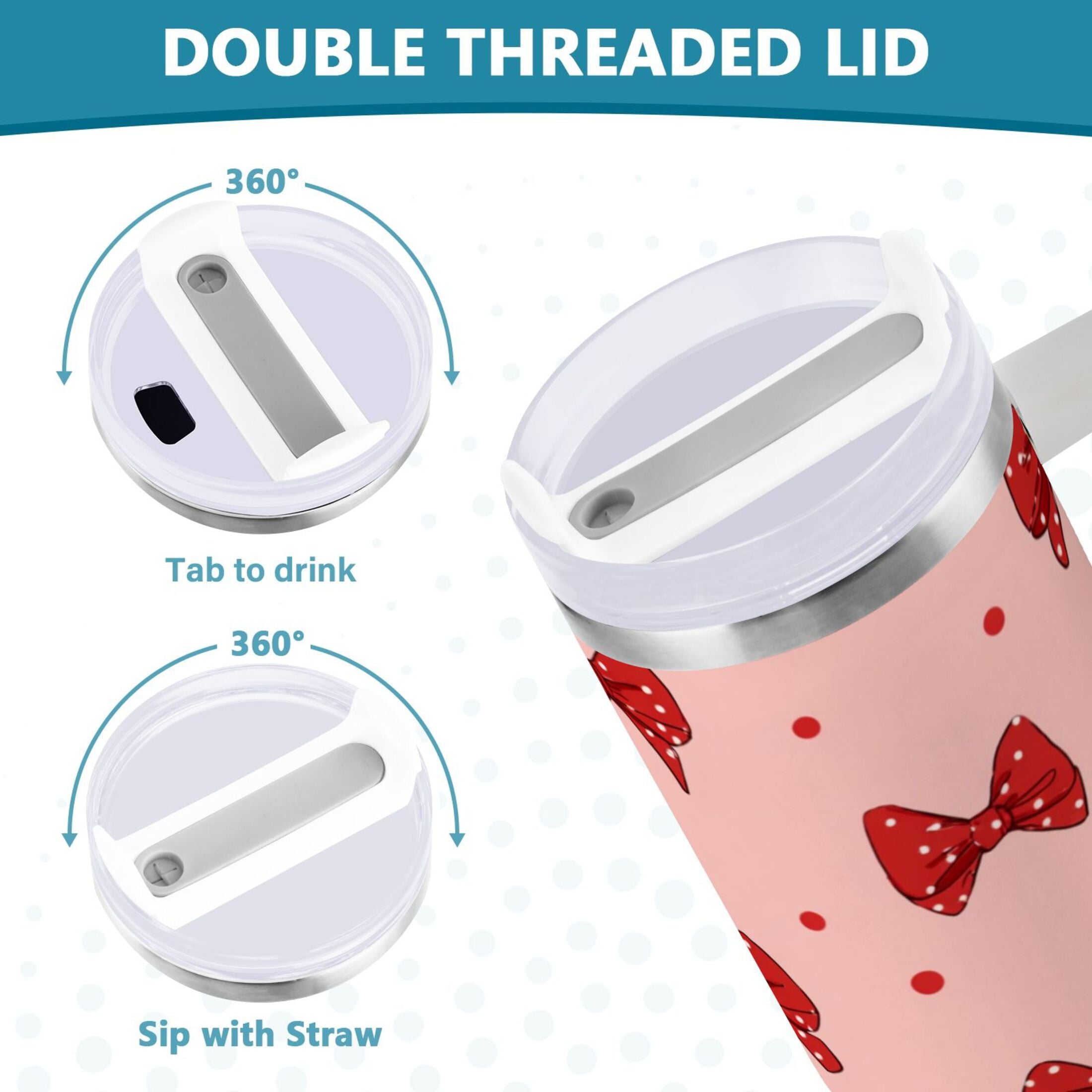 40 oz Insulated Stainless Steel Tumbler Double Wall Stainless Steel Tumbler with 2-Way Drinking Red Bows and Polka Dots - Choice 560