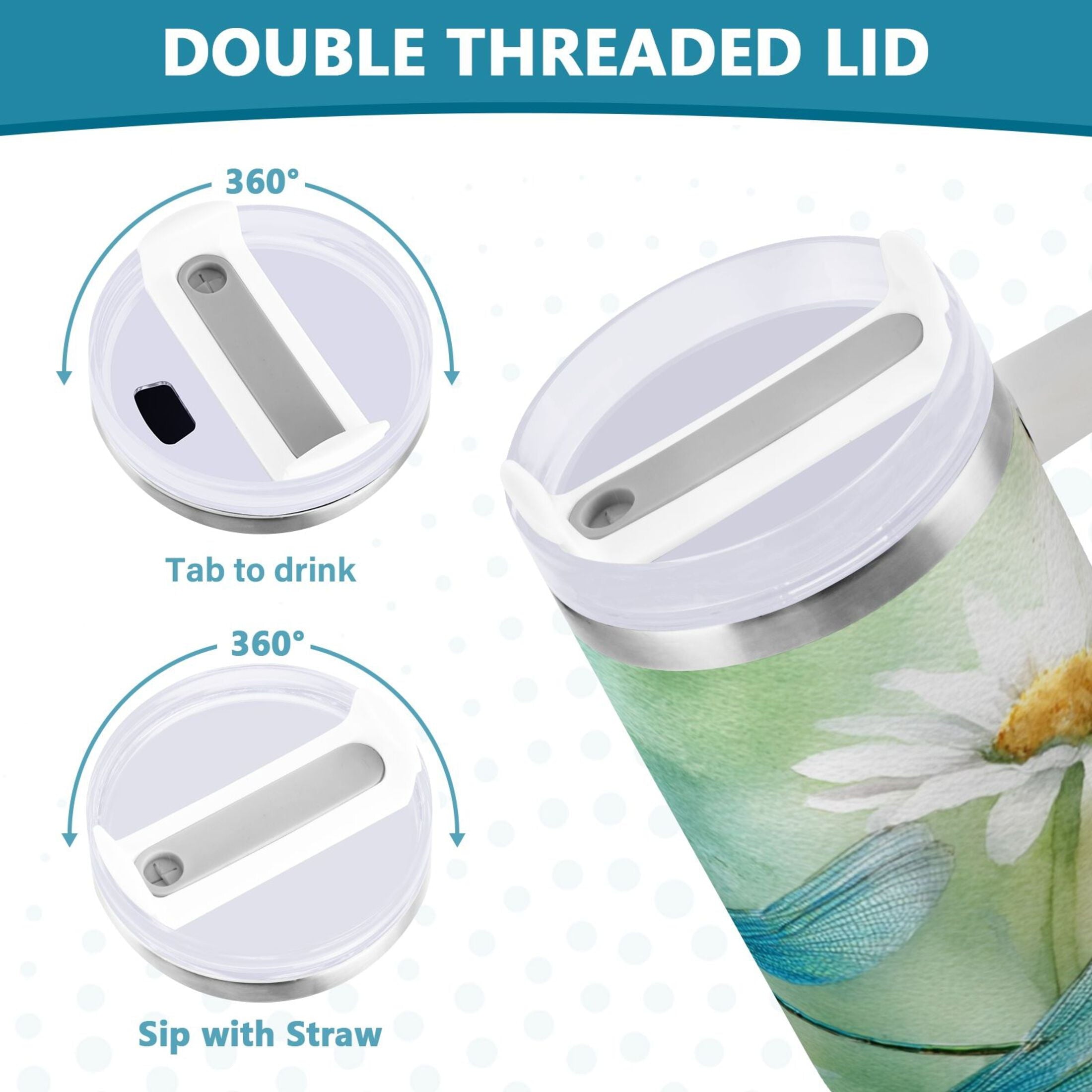 30 oz Insulated Stainless Steel Tumbler Double Wall Stainless Steel Tumbler with 2-Way Drinking Beautiful Dragonflies and Daisies - Choice 224