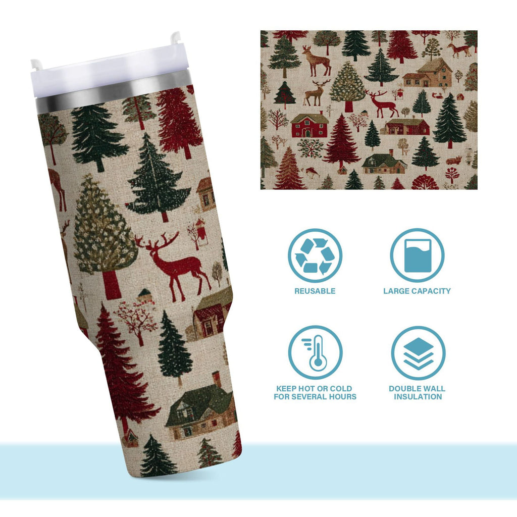 30 oz Insulated Stainless Steel Tumbler Double Wall Stainless Steel Tumbler with 2-Way Drinking Christmas Trees Deer and Houses - Choice 652